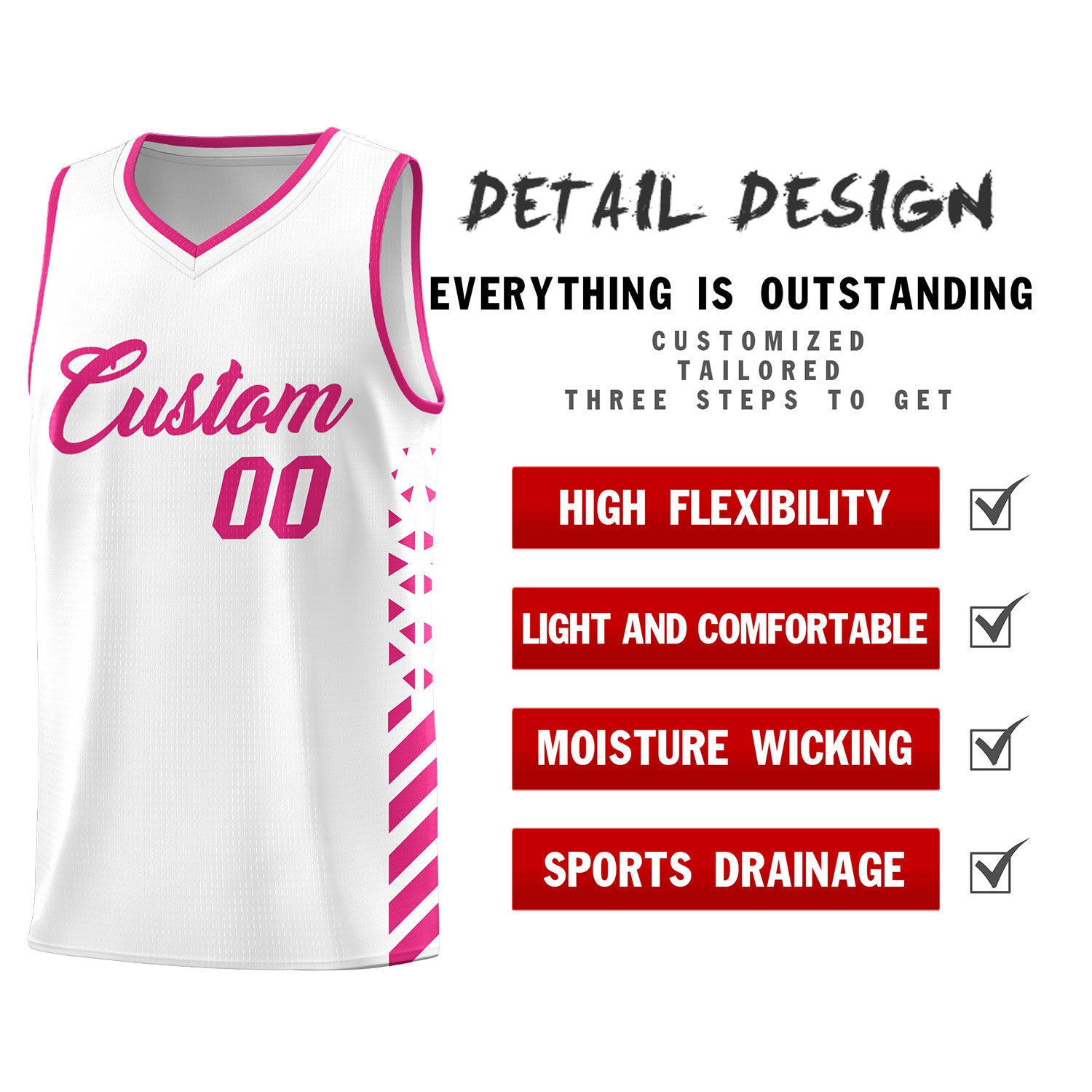 Custom White Rose Red Side Diamond Shapes Stripes Basketball Jersey | For Men,Sublimation Printed,Perfect for Teams,Perfect for Coaches | KXKSHOP
