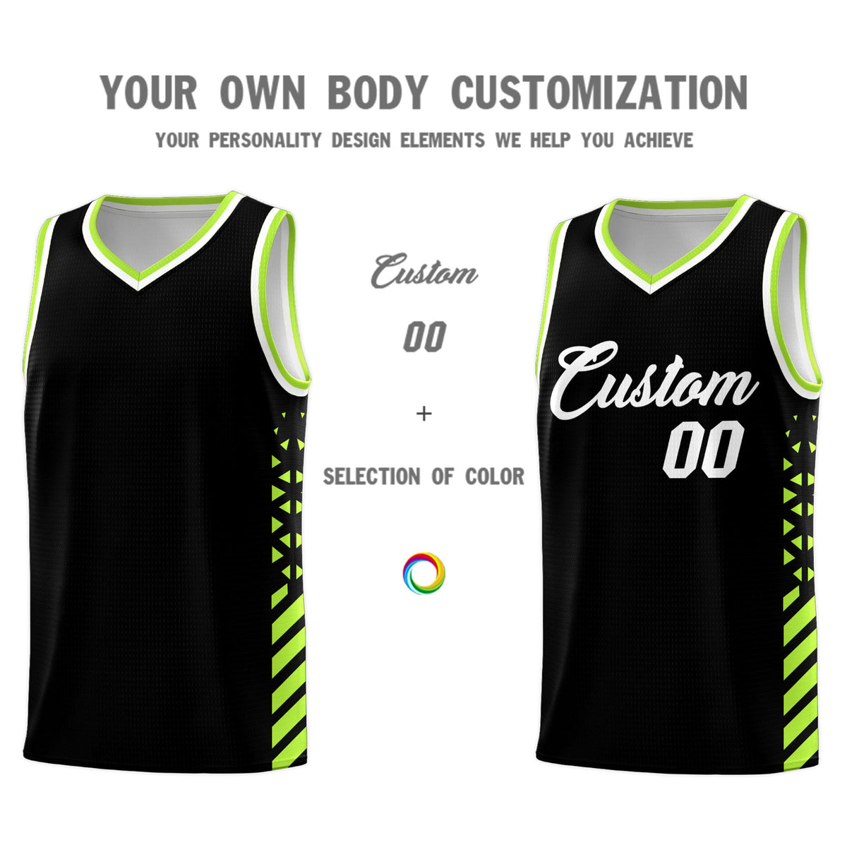 Custom Black Neon Green White Side Diamond Shapes Stripes Basketball Jersey | For Men,Sublimation Printed,Perfect for Teams,Perfect for Coaches | KXKSHOP