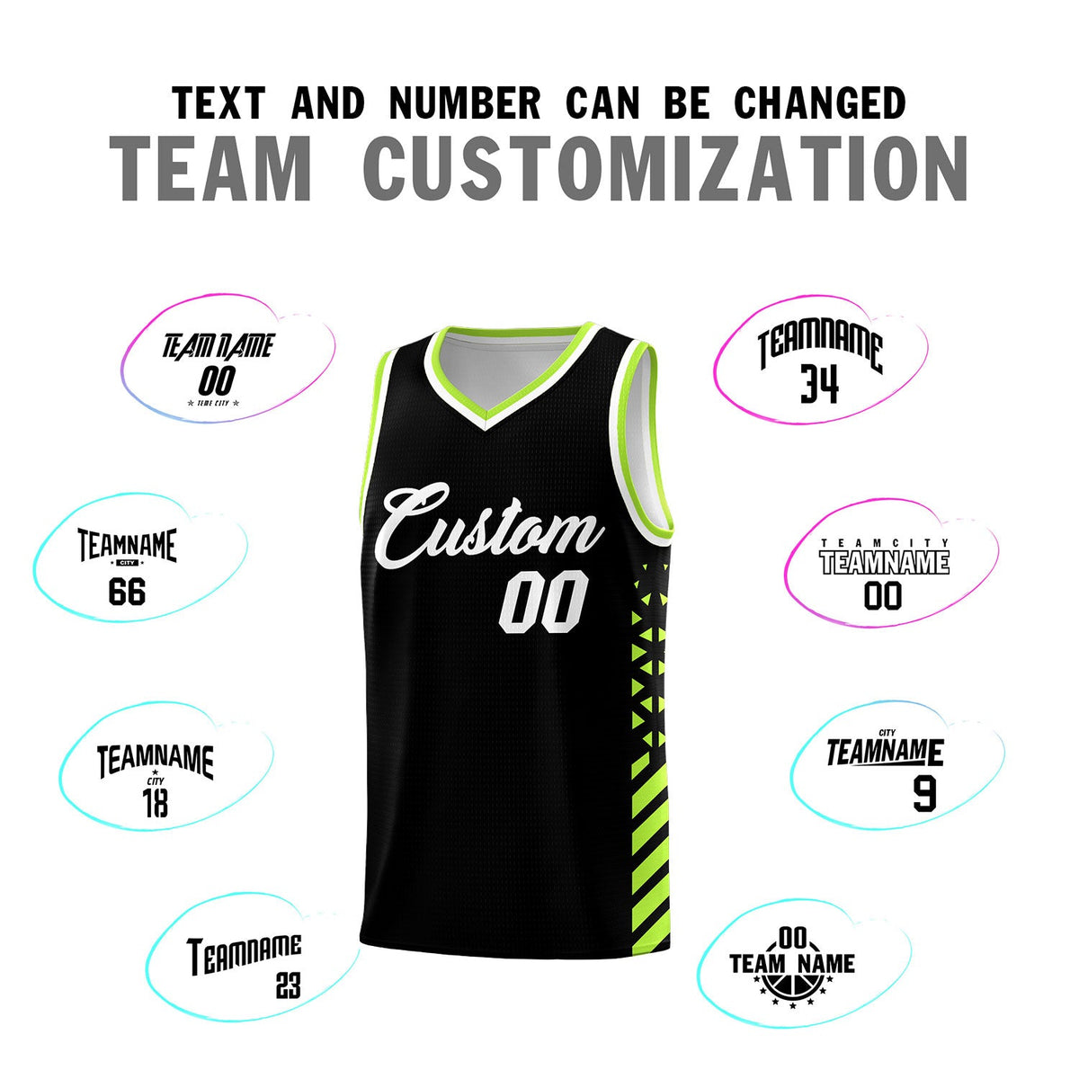 Custom Black Neon Green White Side Diamond Shapes Stripes Basketball Jersey | For Men,Sublimation Printed,Perfect for Teams,Perfect for Coaches | KXKSHOP