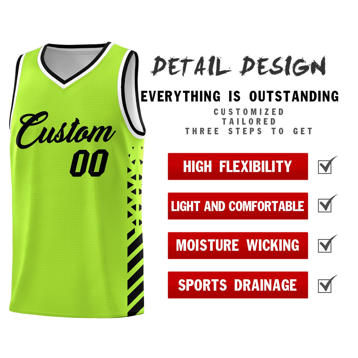 Custom Neon Green Black White Side Diamond Shapes Stripes Basketball Jersey | For Men,Sublimation Printed,Perfect for Teams,Perfect for Coaches | KXKSHOP