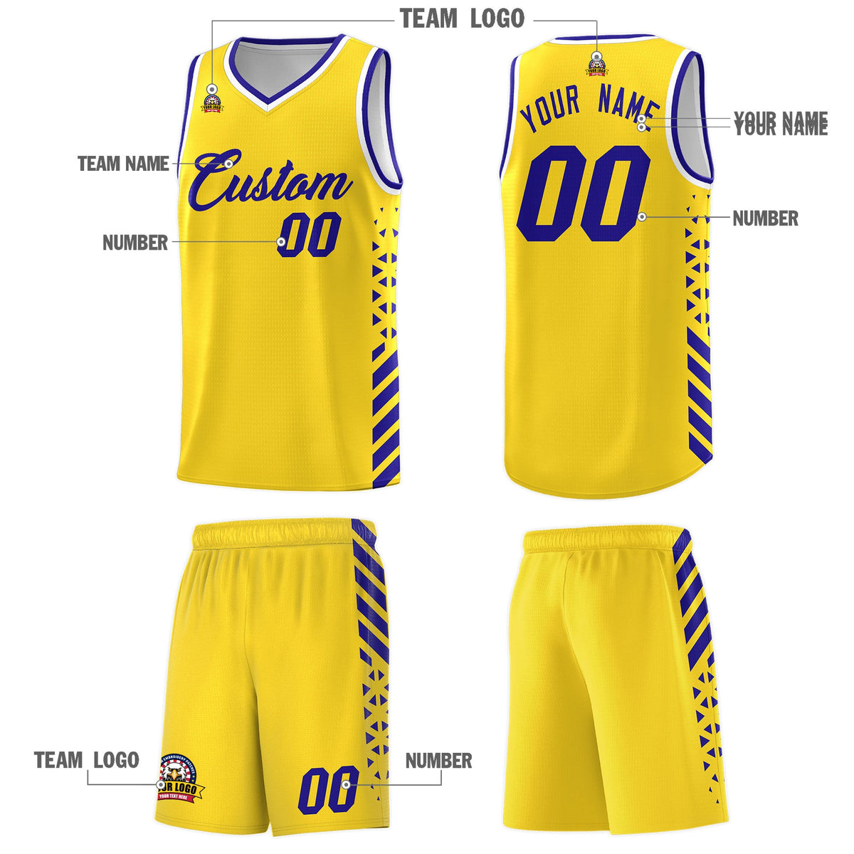 Custom Gold Royal Blue White Side Diamond Shapes Stripes Basketball Jersey | For Men,Sublimation Printed,Perfect for Teams,Perfect for Coaches | KXKSHOP