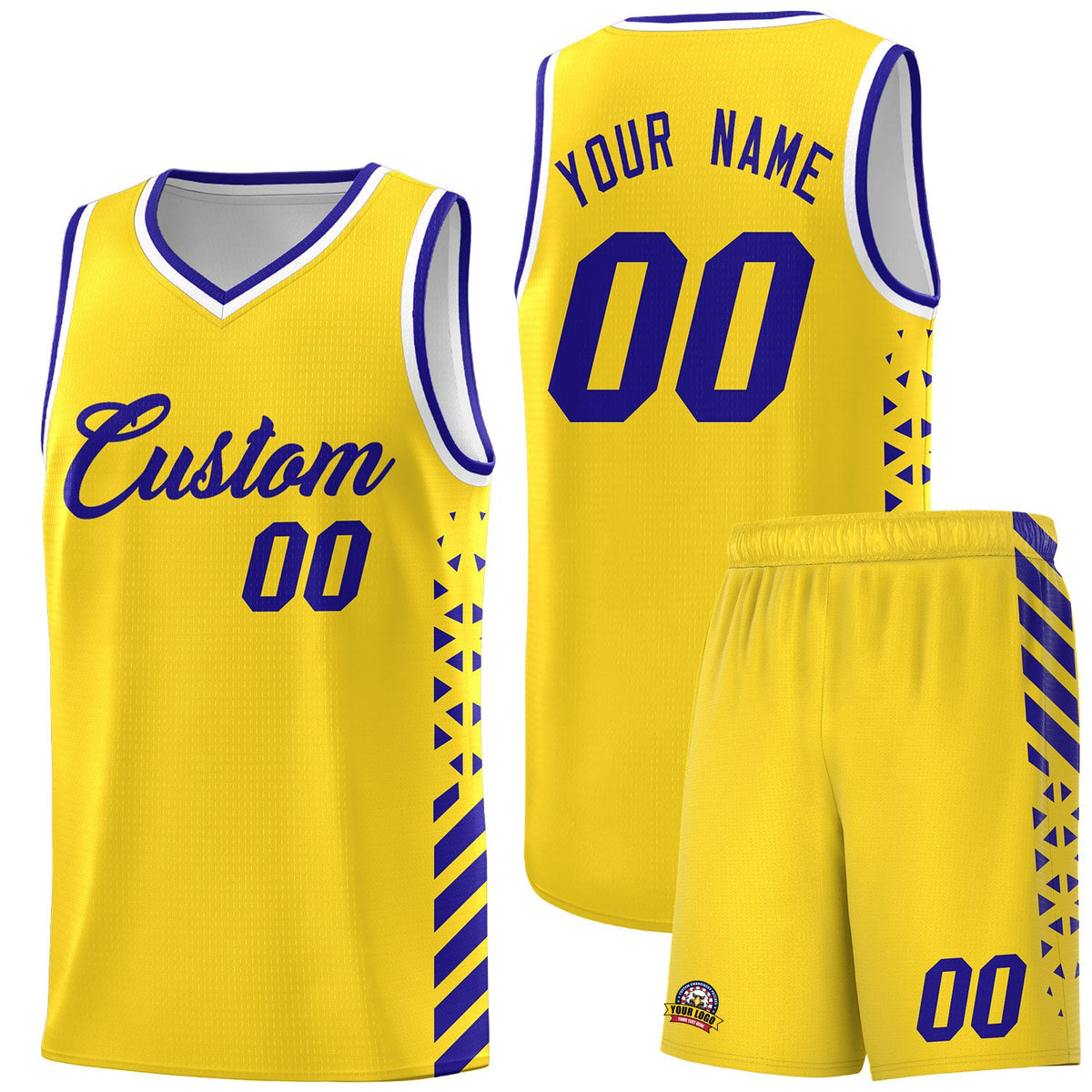 Custom Gold Royal Blue White Side Diamond Shapes Stripes Basketball Jersey | For Men,Sublimation Printed,Perfect for Teams,Perfect for Coaches | KXKSHOP
