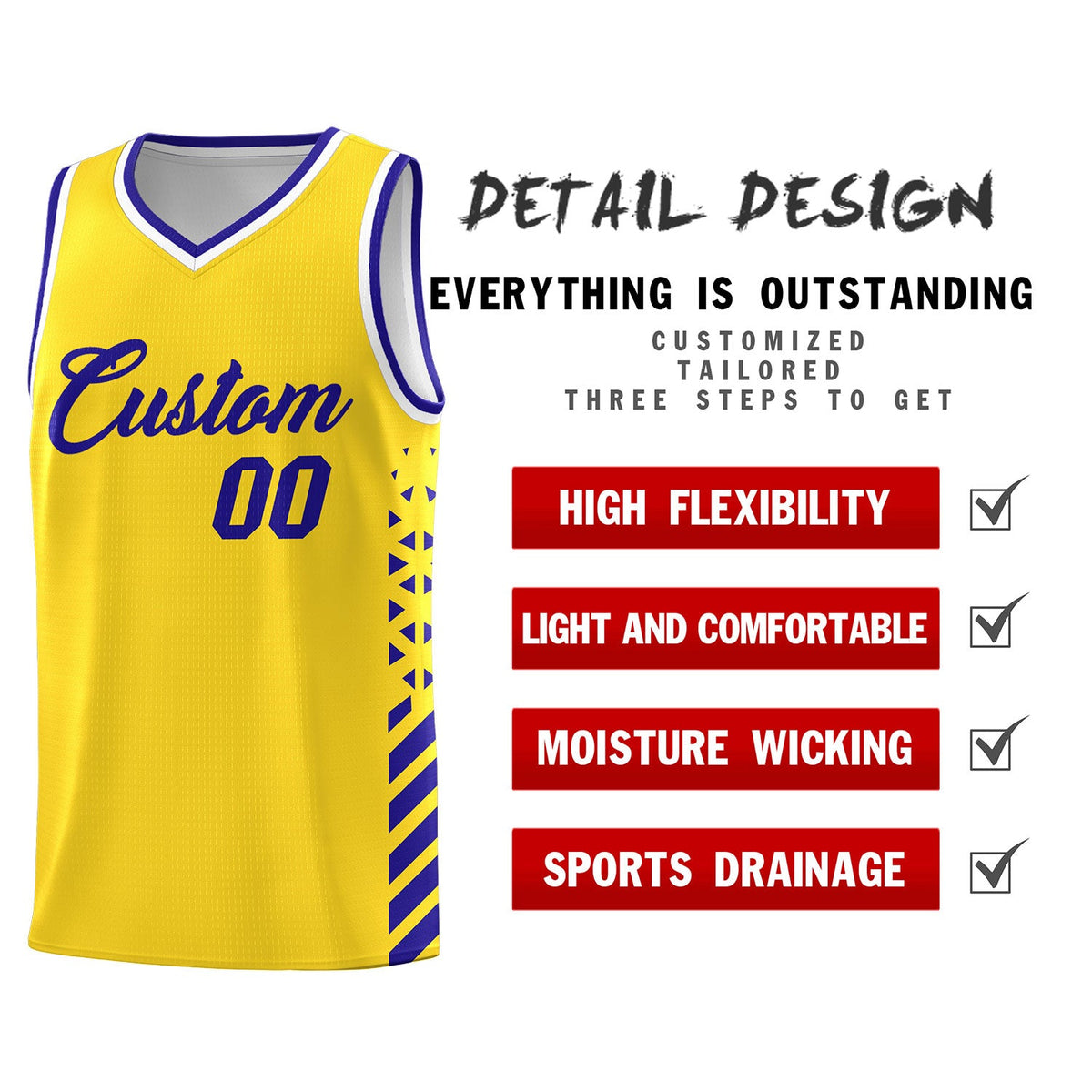 Custom Gold Royal Blue White Side Diamond Shapes Stripes Basketball Jersey | For Men,Sublimation Printed,Perfect for Teams,Perfect for Coaches | KXKSHOP