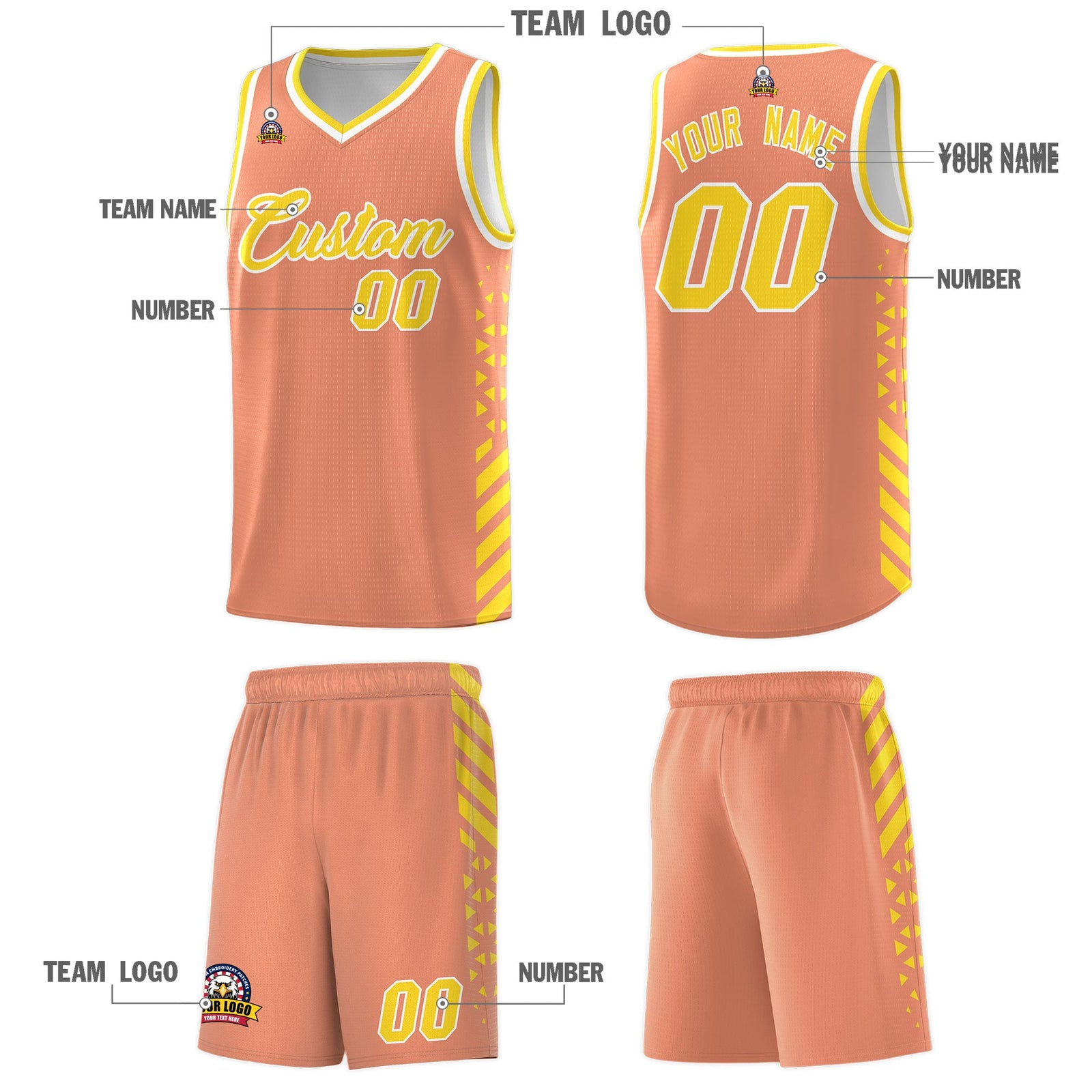 Custom Light Orange Gold White Side Diamond Shapes Stripes Basketball Jersey | For Men,Sublimation Printed,Perfect for Teams,Perfect for Coaches | KXKSHOP
