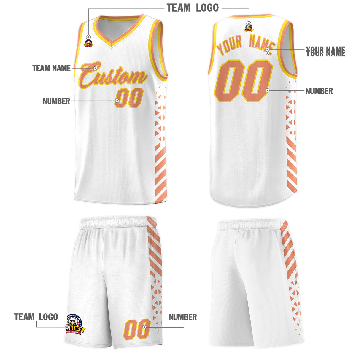 Custom White Light Orange Gold Side Diamond Shapes Stripes Basketball Jersey | For Men,Sublimation Printed,Perfect for Teams,Perfect for Coaches | KXKSHOP