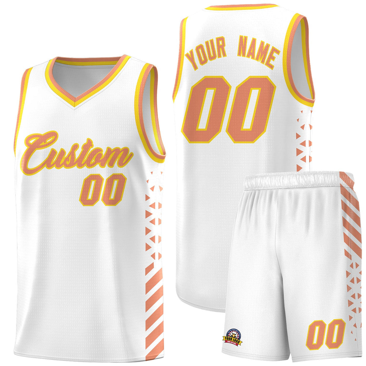 Custom White Light Orange Gold Side Diamond Shapes Stripes Basketball Jersey | For Men,Sublimation Printed,Perfect for Teams,Perfect for Coaches | KXKSHOP