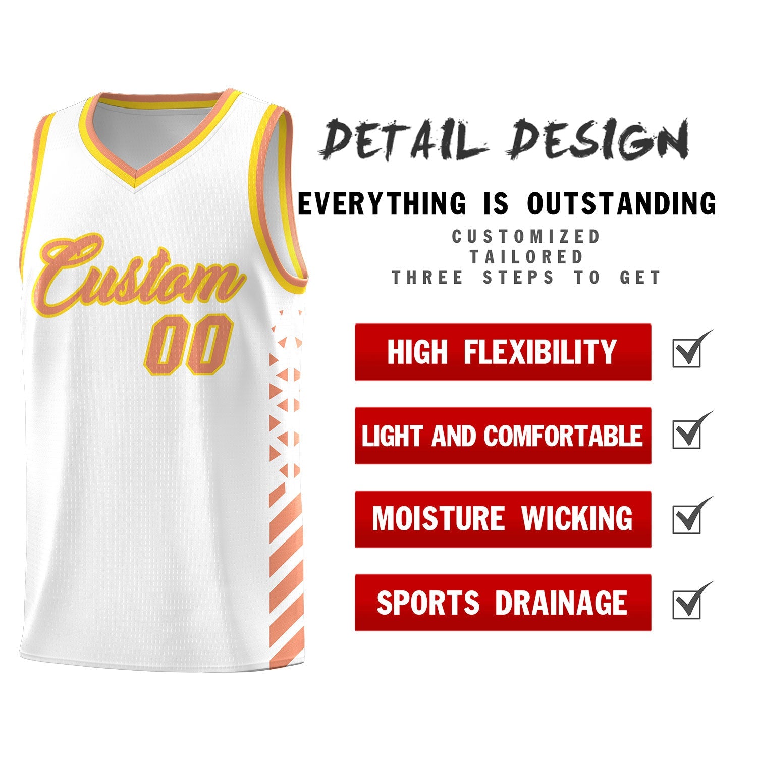 Custom White Light Orange Gold Side Diamond Shapes Stripes Basketball Jersey | For Men,Sublimation Printed,Perfect for Teams,Perfect for Coaches | KXKSHOP