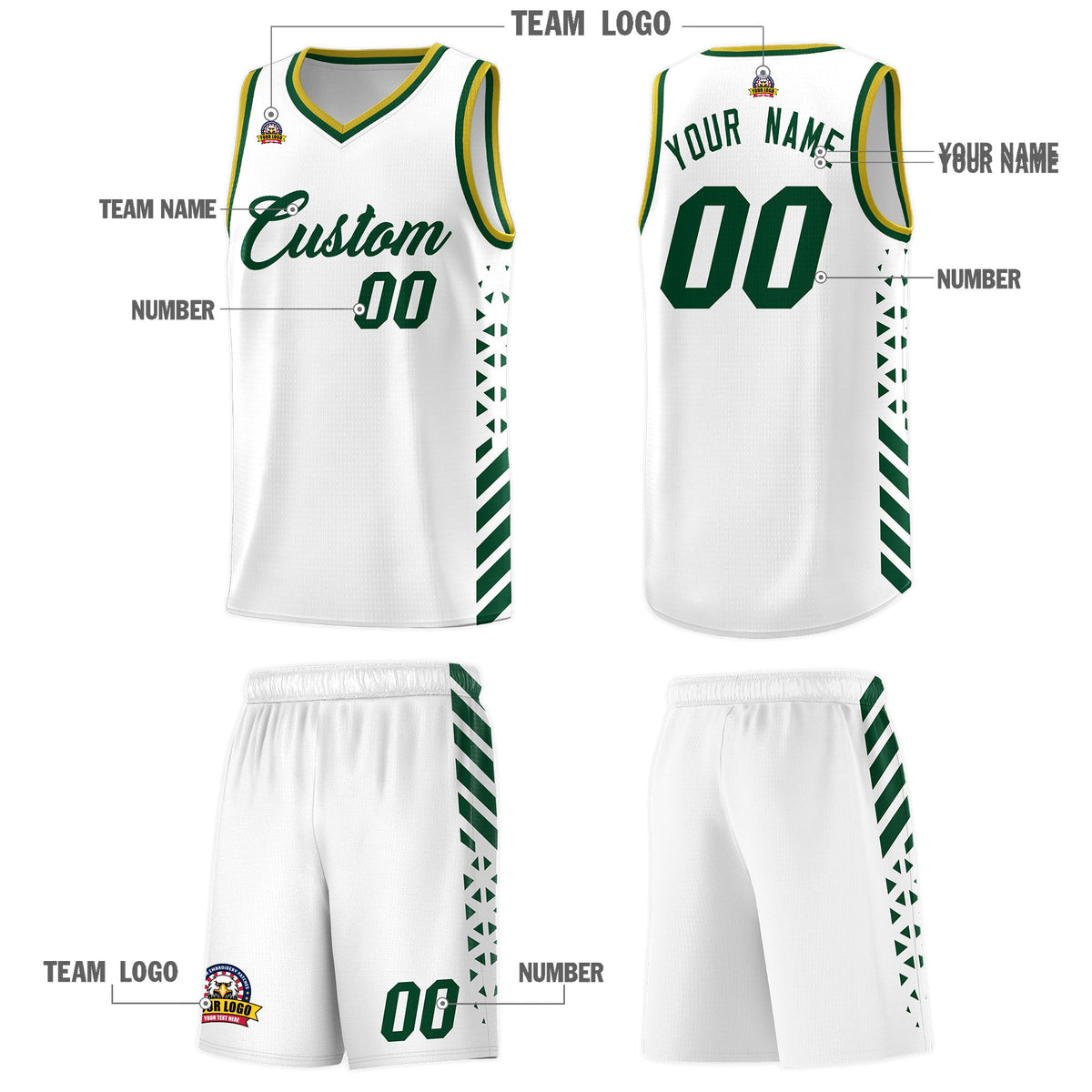 Custom White Hunter Green Old Gold Side Diamond Shapes Stripes Basketball Jersey | For Men,Sublimation Printed,Perfect for Teams,Perfect for Coaches | KXKSHOP