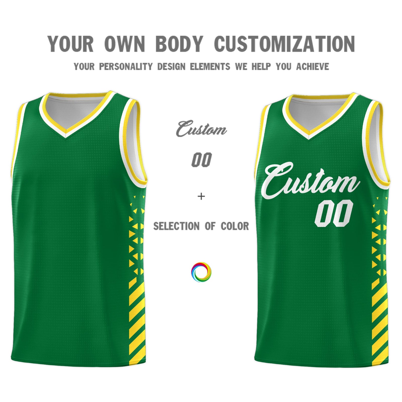 Custom Kelly Green Gold White Side Diamond Shapes Stripes Basketball Jersey | For Men,Sublimation Printed,Perfect for Teams,Perfect for Coaches | KXKSHOP