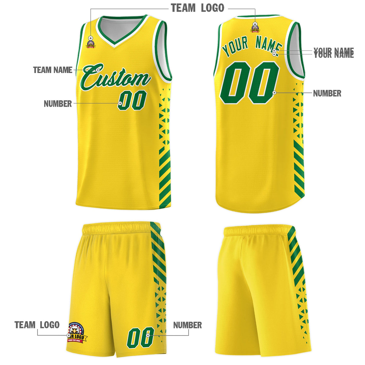 Custom Gold Kelly Green White Side Diamond Shapes Stripes Basketball Jersey | For Men,Sublimation Printed,Perfect for Teams,Perfect for Coaches | KXKSHOP