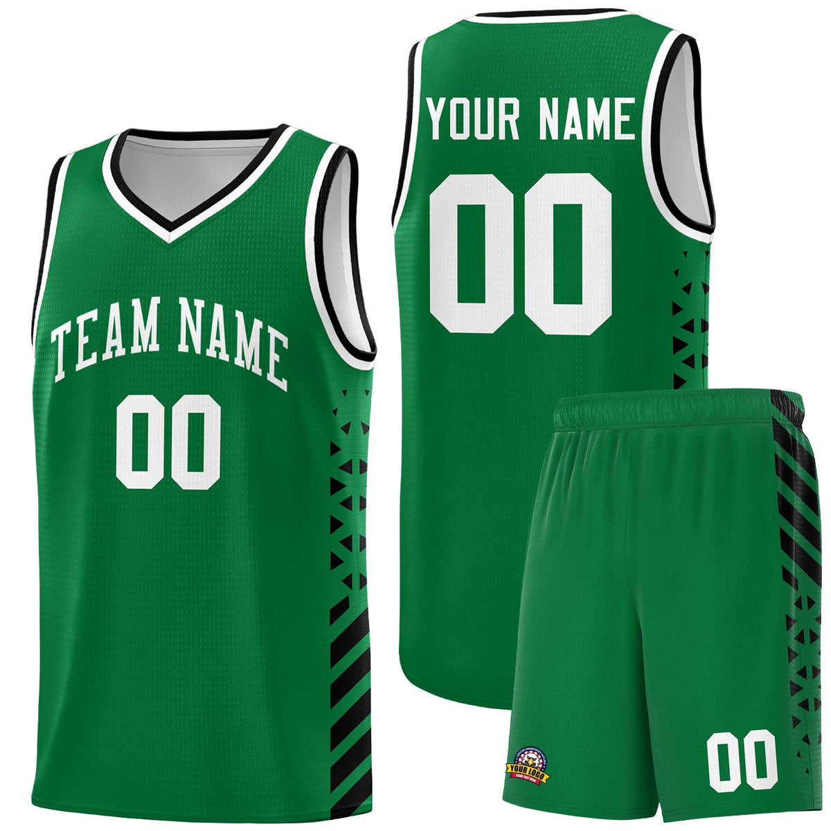 Custom Kelly Green Black White Side Diamond Shapes Stripes Basketball Jersey | For Men,Sublimation Printed,Perfect for Teams,Perfect for Coaches | KXKSHOP