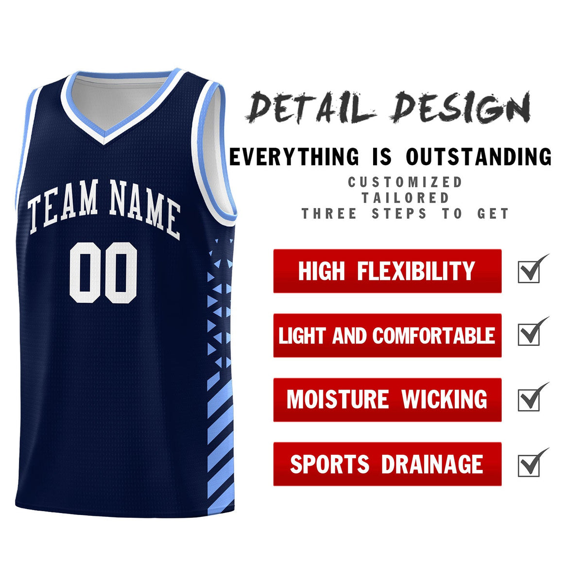 Custom Navy Light Blue White Side Diamond Shapes Stripes Basketball Jersey | For Men,Sublimation Printed,Perfect for Teams,Perfect for Coaches | KXKSHOP