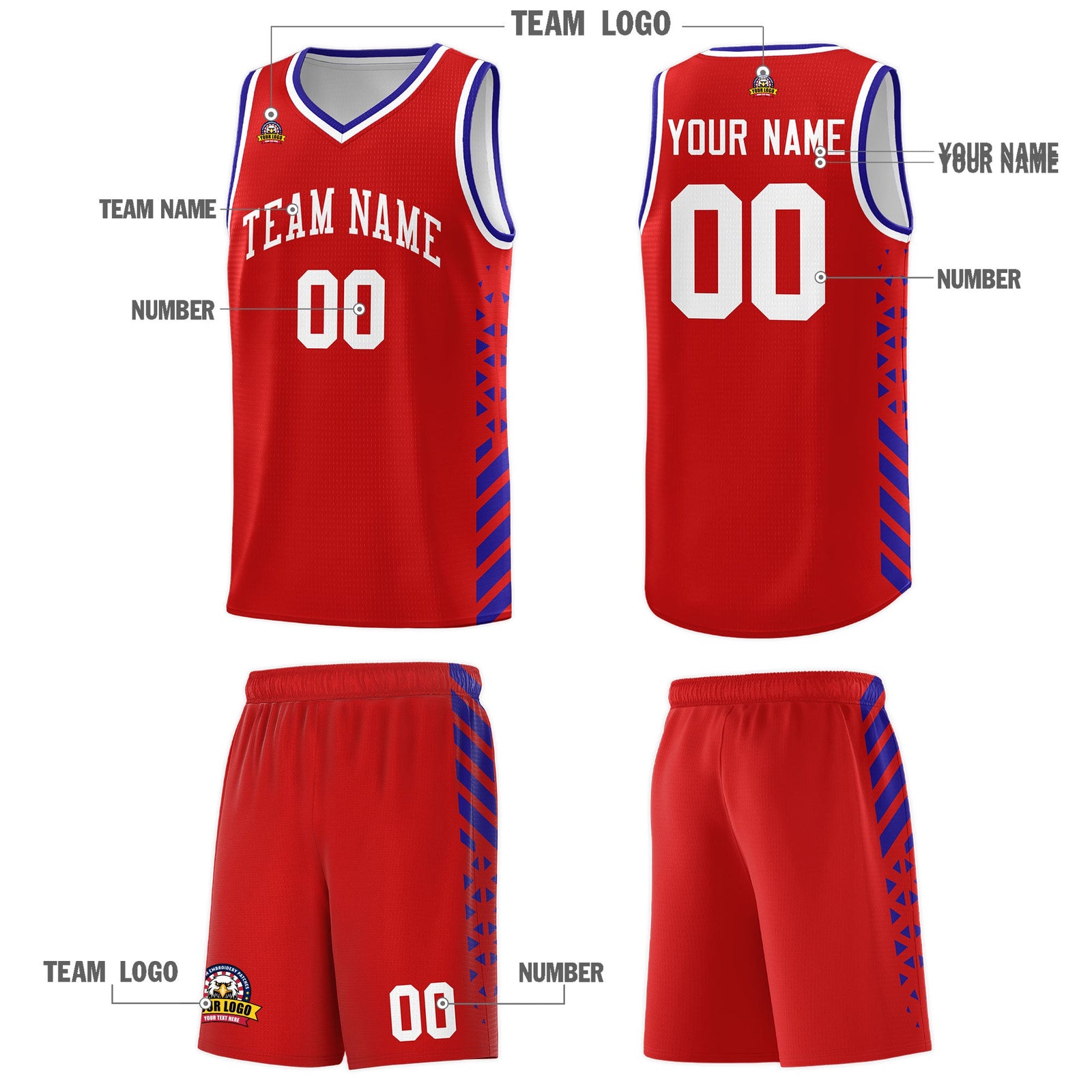 Custom Red Royal Blue White Side Diamond Shapes Stripes Basketball Jersey | For Men,Sublimation Printed,Perfect for Teams,Perfect for Coaches | KXKSHOP