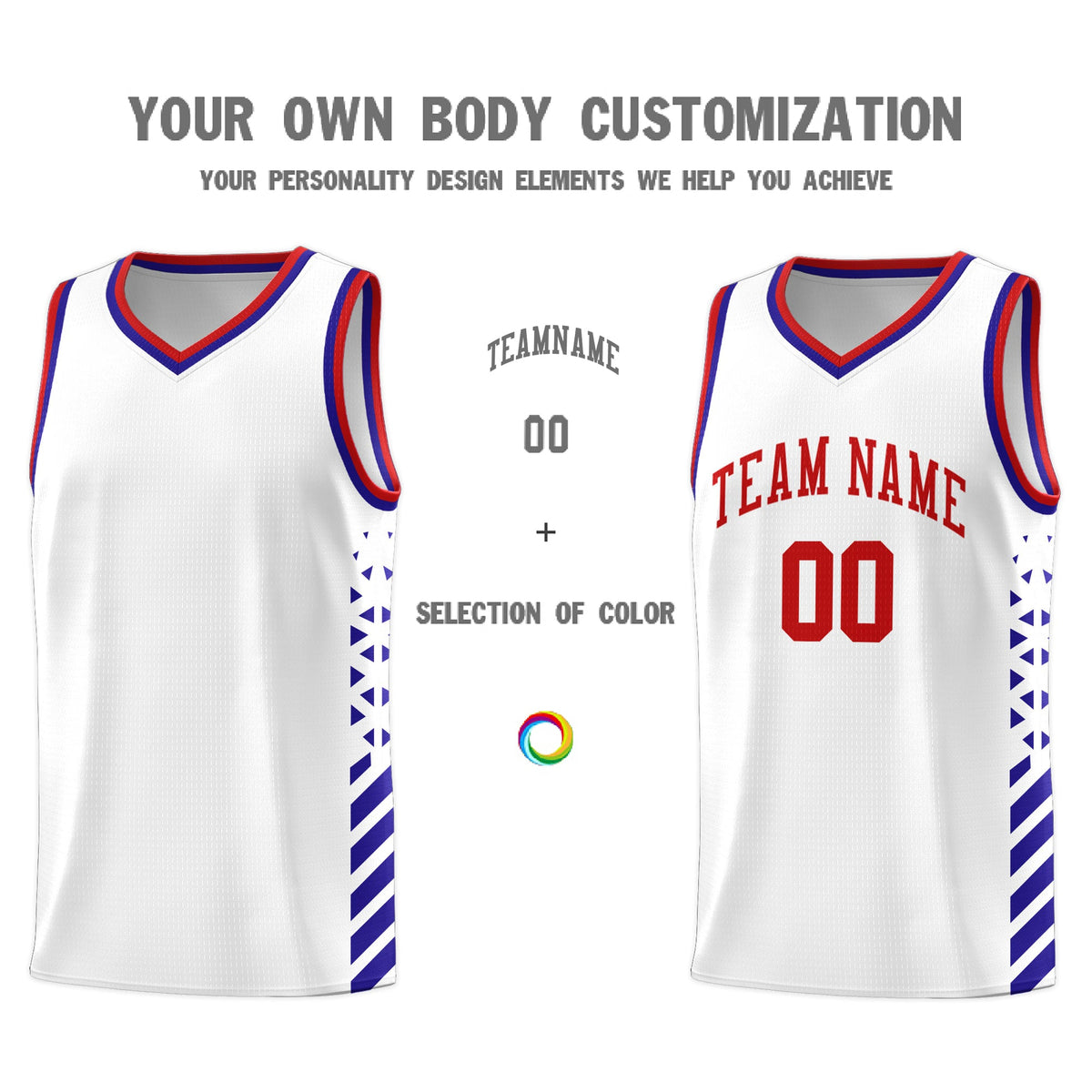 Custom White Royal Blue Red Side Diamond Shapes Stripes Basketball Jersey | For Men,Sublimation Printed,Perfect for Teams,Perfect for Coaches | KXKSHOP