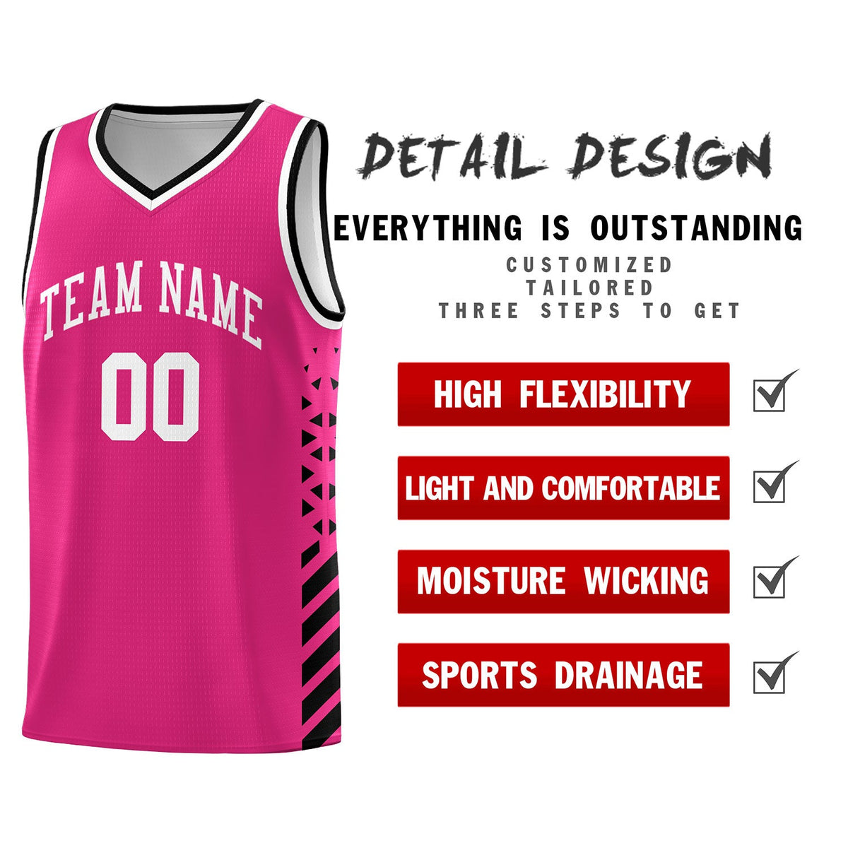 Custom Rose Red Black White Side Diamond Shapes Stripes Basketball Jersey | For Men,Sublimation Printed,Perfect for Teams,Perfect for Coaches | KXKSHOP