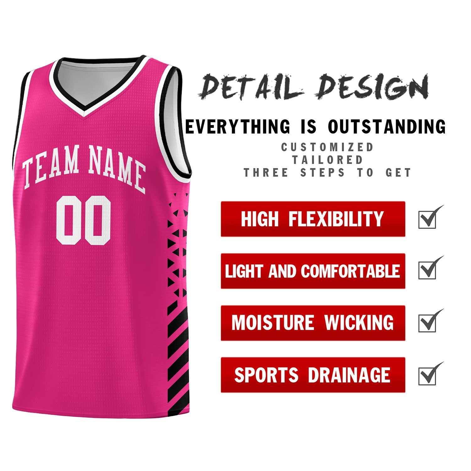 Custom Rose Red Black White Side Diamond Shapes Stripes Basketball Jersey | For Men,Sublimation Printed,Perfect for Teams,Perfect for Coaches | KXKSHOP