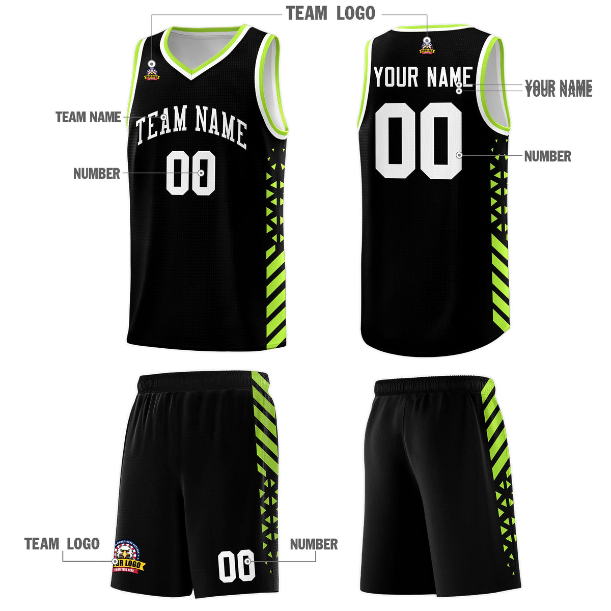 Custom Black Neon Green White Side Diamond Shapes Stripes Basketball Jersey | For Men,Sublimation Printed,Perfect for Teams,Perfect for Coaches | KXKSHOP