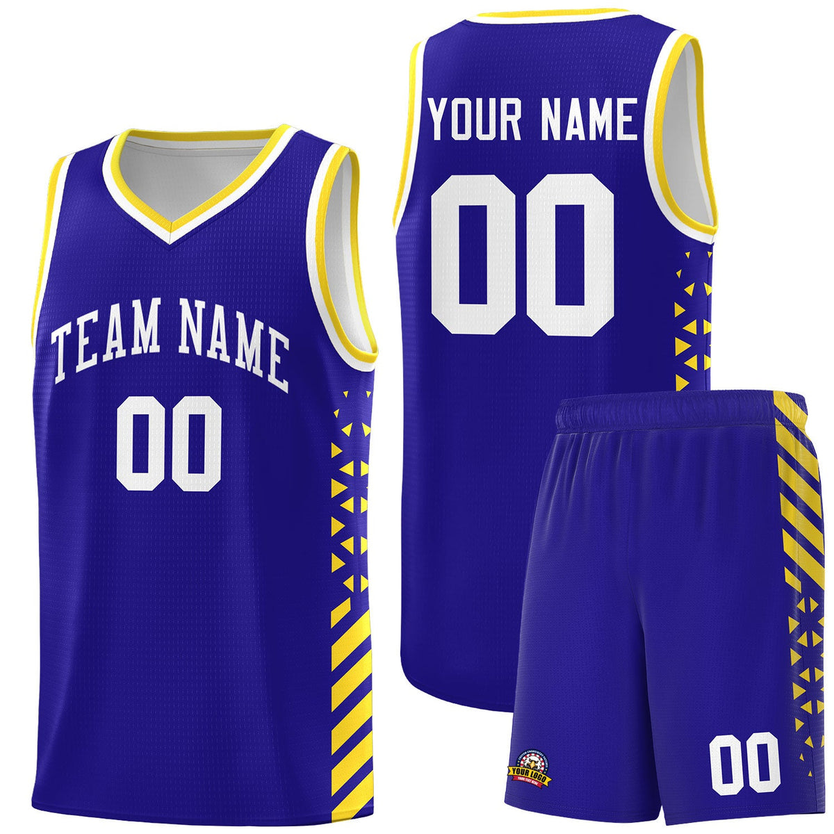 Custom Royal Blue Gold White Side Diamond Shapes Stripes Basketball Jersey | For Men,Sublimation Printed,Perfect for Teams,Perfect for Coaches | KXKSHOP