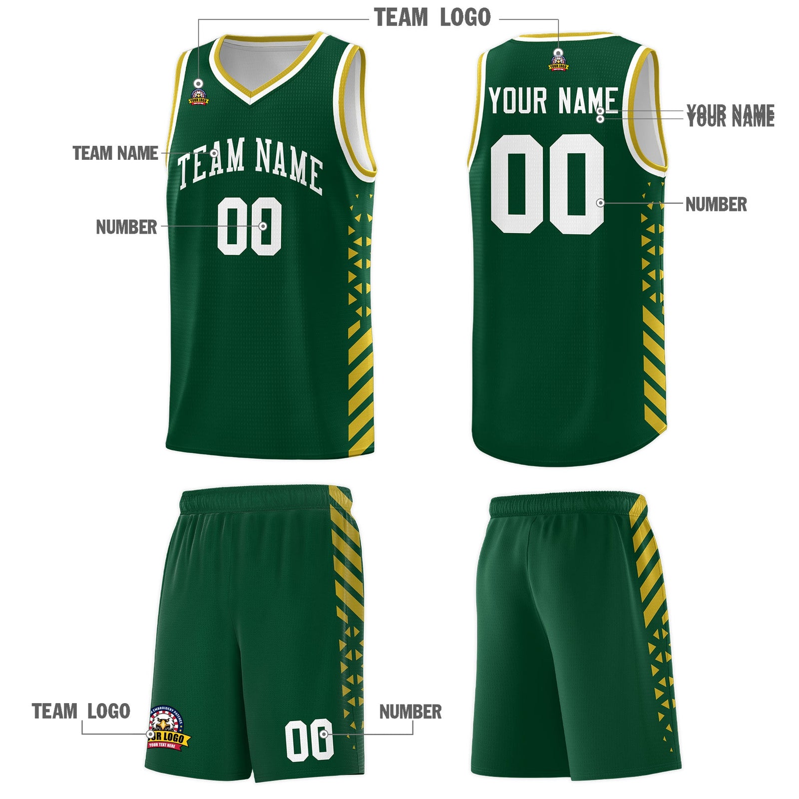 Custom Hunter Green Old Gold White Side Diamond Shapes Stripes Basketball Jersey | For Men,Sublimation Printed,Perfect for Teams,Perfect for Coaches | KXKSHOP
