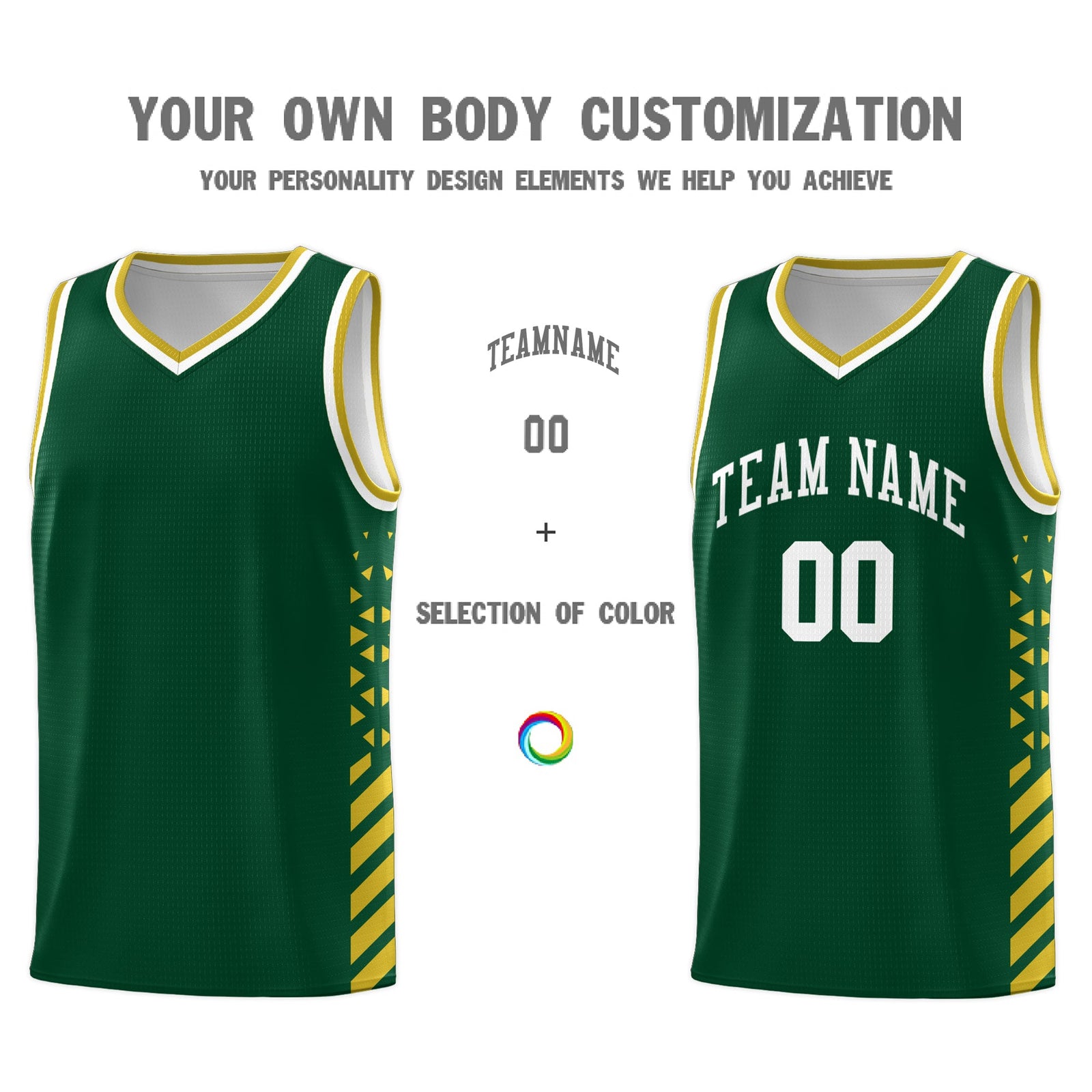 Custom Hunter Green Old Gold White Side Diamond Shapes Stripes Basketball Jersey | For Men,Sublimation Printed,Perfect for Teams,Perfect for Coaches | KXKSHOP