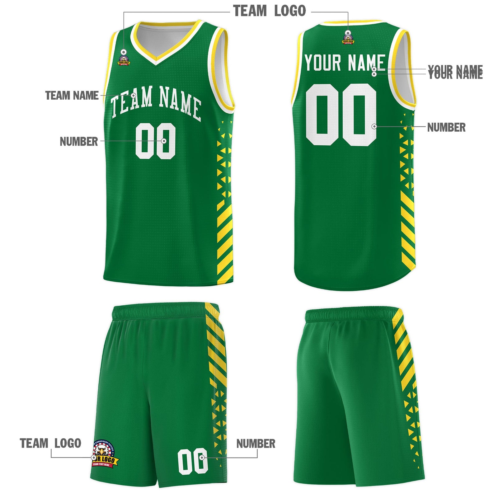 Custom Kelly Green Gold White Side Diamond Shapes Stripes Basketball Jersey | For Men,Sublimation Printed,Perfect for Teams,Perfect for Coaches | KXKSHOP