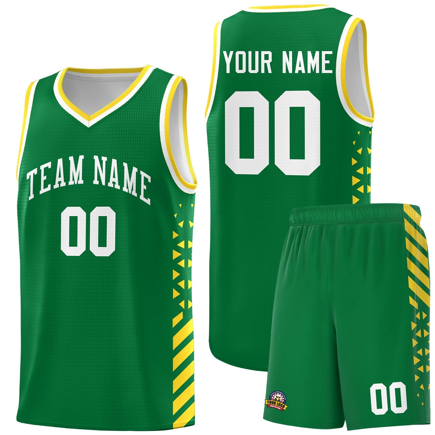 Custom Kelly Green Gold White Side Diamond Shapes Stripes Basketball Jersey | For Men,Sublimation Printed,Perfect for Teams,Perfect for Coaches | KXKSHOP