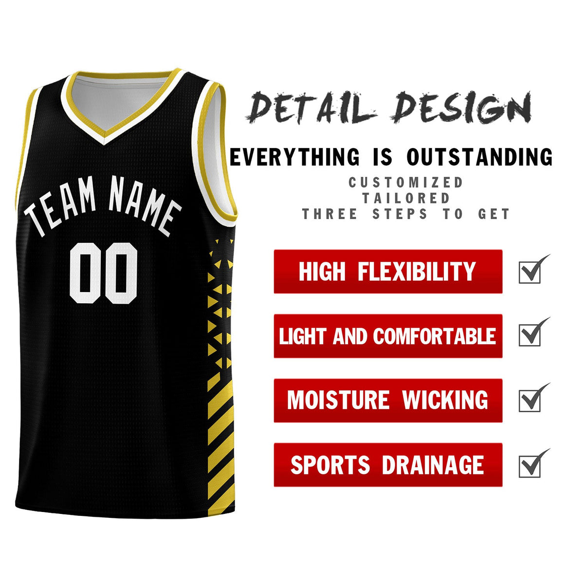Custom Black Old Gold White Side Diamond Shapes Stripes Basketball Jersey | For Men,Sublimation Printed,Perfect for Teams,Perfect for Coaches | KXKSHOP