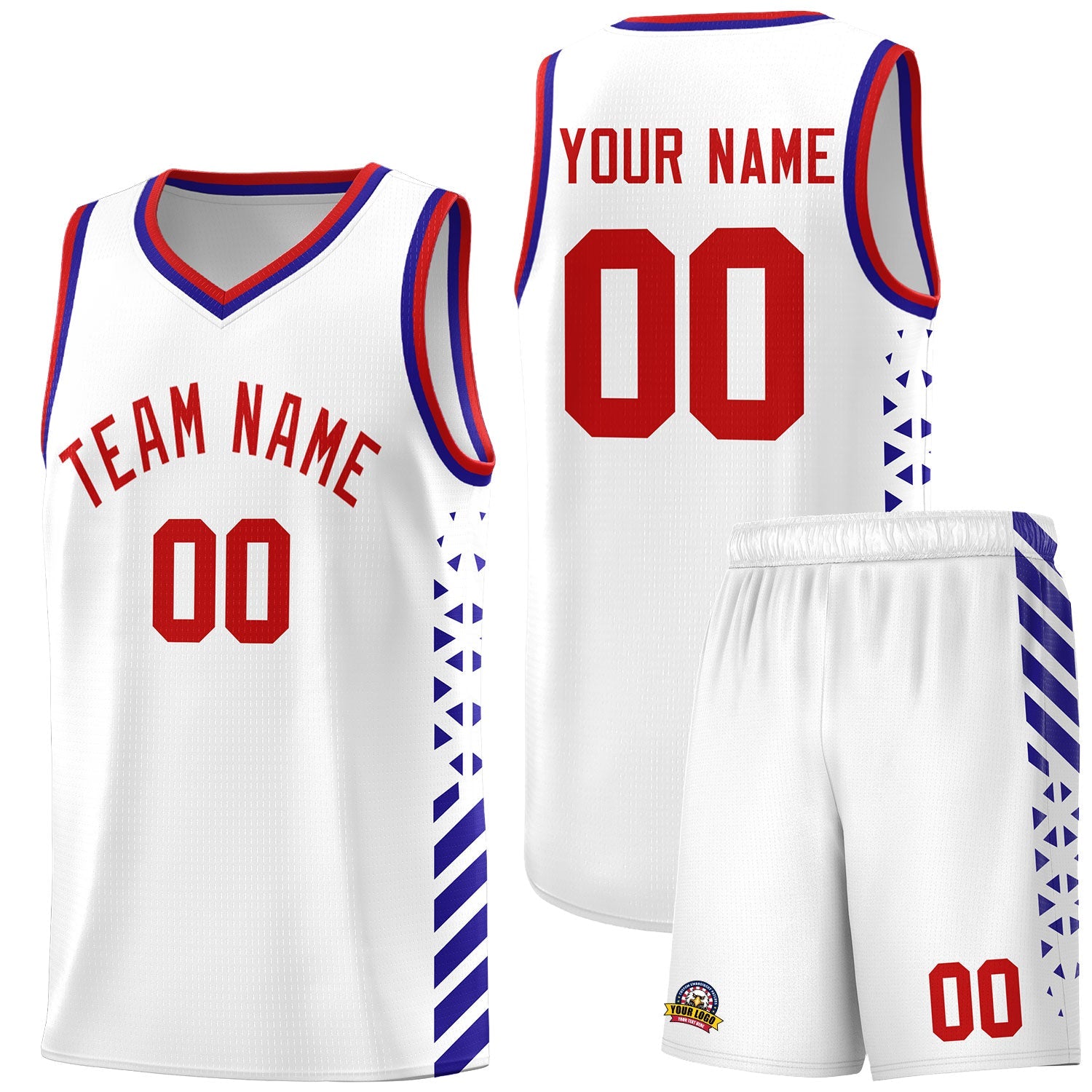 Custom White Royal Blue Red Side Diamond Shapes Stripes Basketball Jersey | For Men,Sublimation Printed,Perfect for Teams,Perfect for Coaches | KXKSHOP
