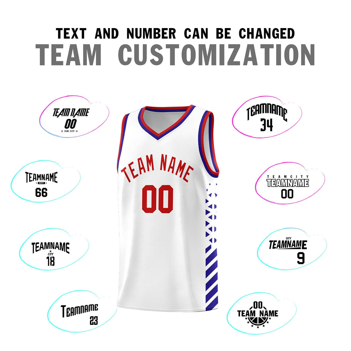 Custom White Royal Blue Red Side Diamond Shapes Stripes Basketball Jersey | For Men,Sublimation Printed,Perfect for Teams,Perfect for Coaches | KXKSHOP