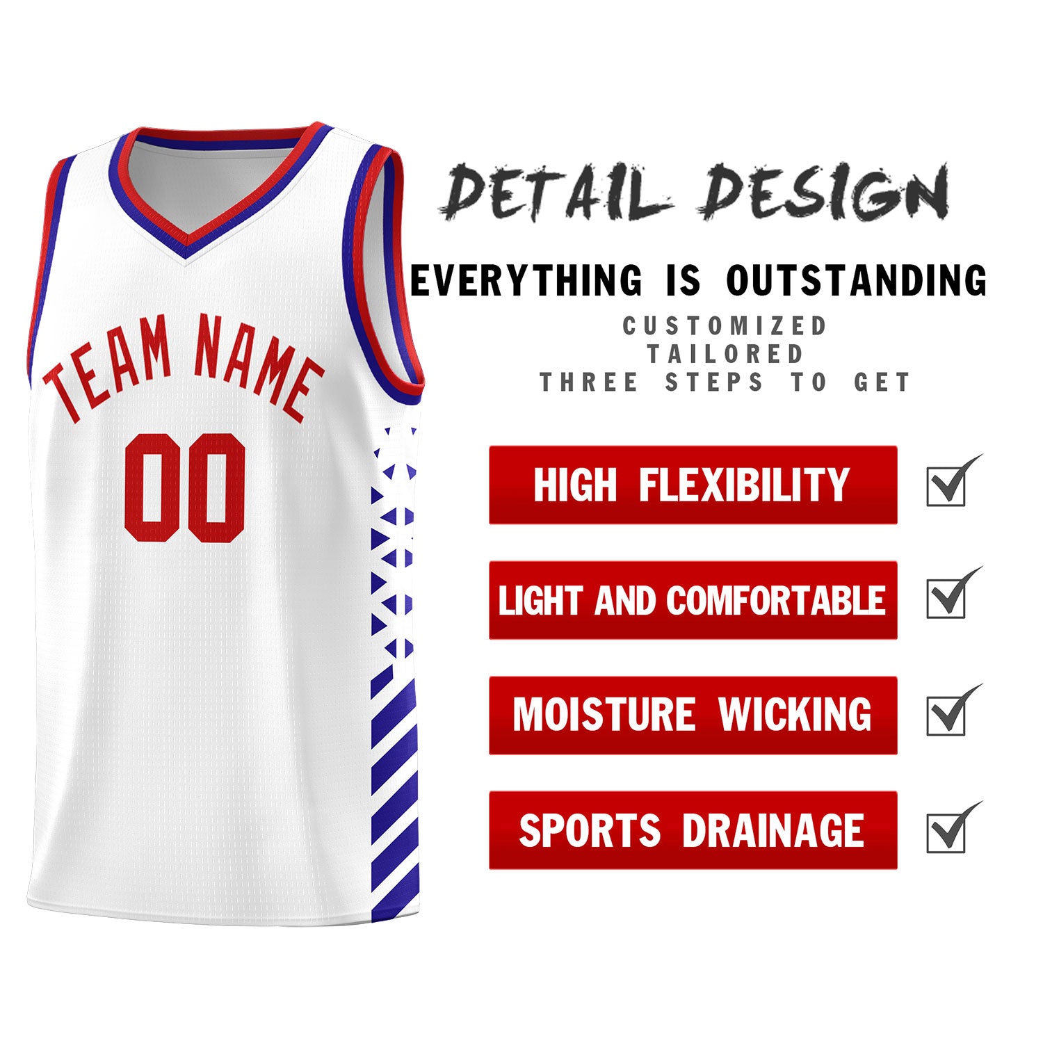 Custom White Royal Blue Red Side Diamond Shapes Stripes Basketball Jersey | For Men,Sublimation Printed,Perfect for Teams,Perfect for Coaches | KXKSHOP