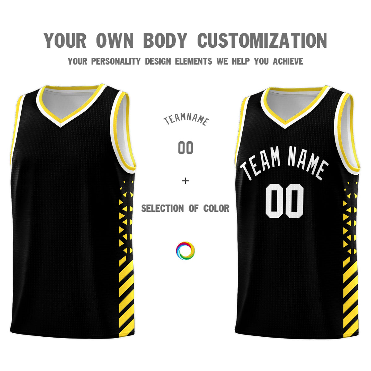Custom Black Gold White Side Diamond Shapes Stripes Basketball Jersey | For Men,Sublimation Printed,Perfect for Teams,Perfect for Coaches | KXKSHOP
