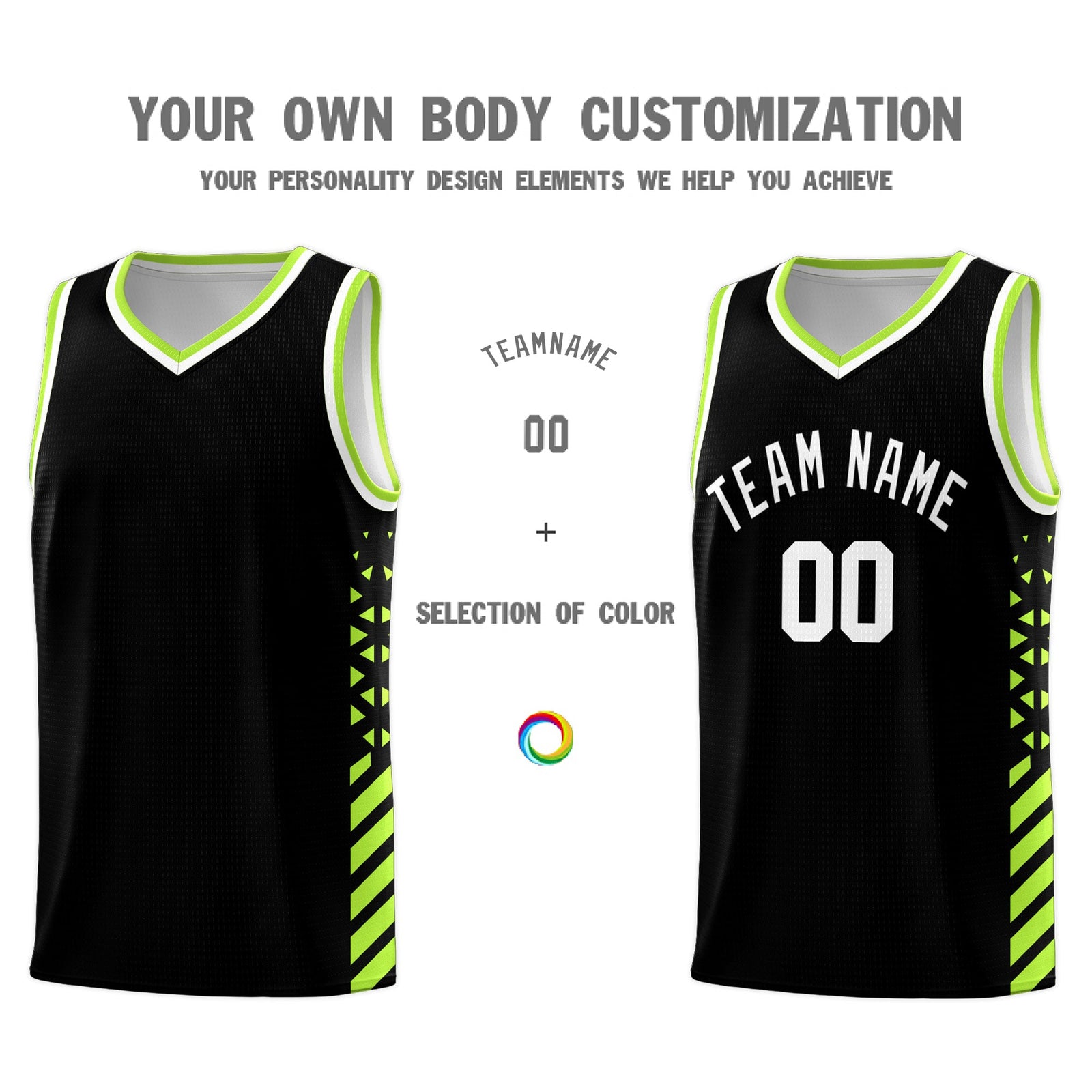 Custom Black Neon Green White Side Diamond Shapes Stripes Basketball Jersey | For Men,Sublimation Printed,Perfect for Teams,Perfect for Coaches | KXKSHOP