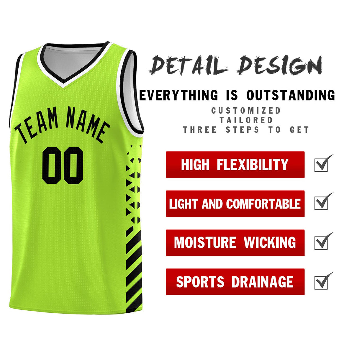 Custom Neon Green Black White Side Diamond Shapes Stripes Basketball Jersey | For Men,Sublimation Printed,Perfect for Teams,Perfect for Coaches | KXKSHOP