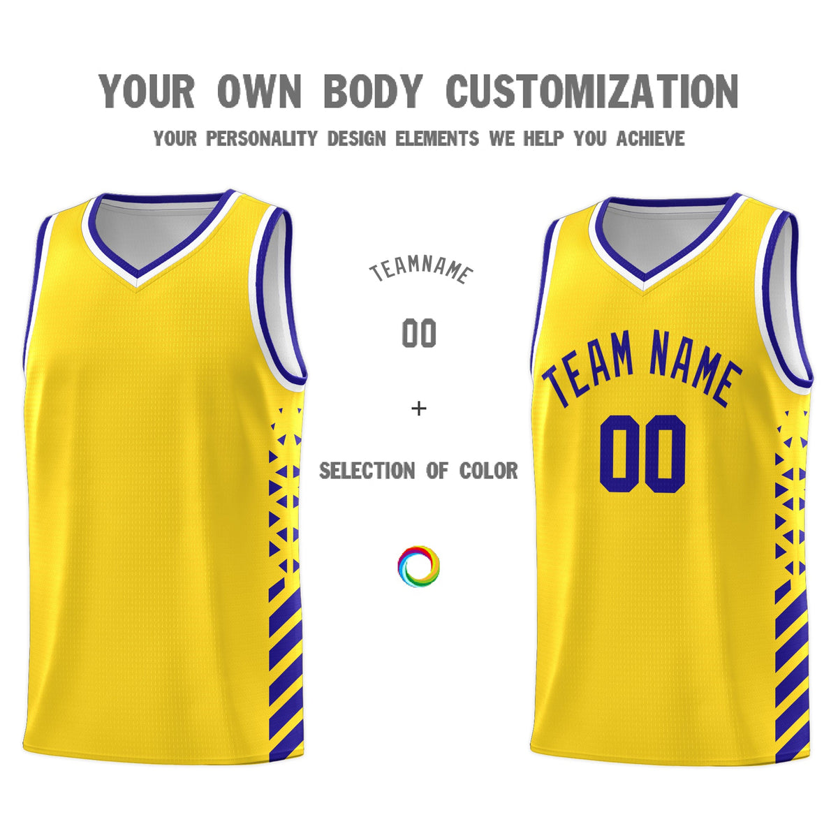 Custom Gold Royal Blue White Side Diamond Shapes Stripes Basketball Jersey | For Men,Sublimation Printed,Perfect for Teams,Perfect for Coaches | KXKSHOP
