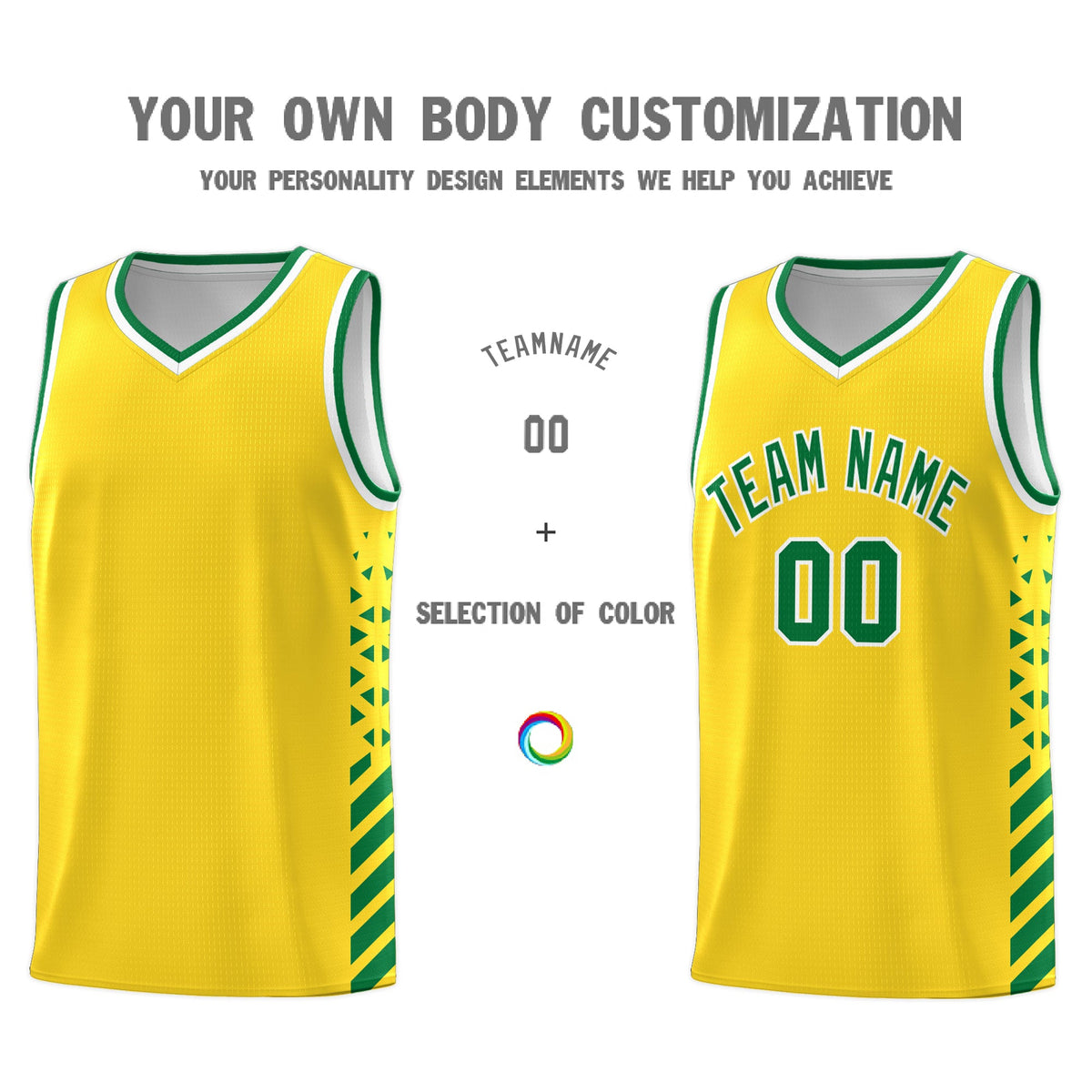 Custom Gold Kelly Green White Side Diamond Shapes Stripes Basketball Jersey | For Men,Sublimation Printed,Perfect for Teams,Perfect for Coaches | KXKSHOP