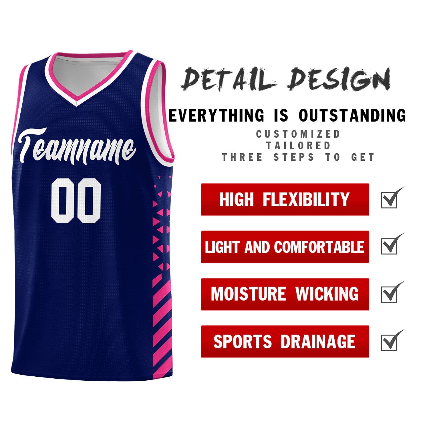 Custom Navy Rose Red White Side Diamond Shapes Stripes Basketball Jersey | For Men,Sublimation Printed,Perfect for Teams,Perfect for Coaches | KXKSHOP