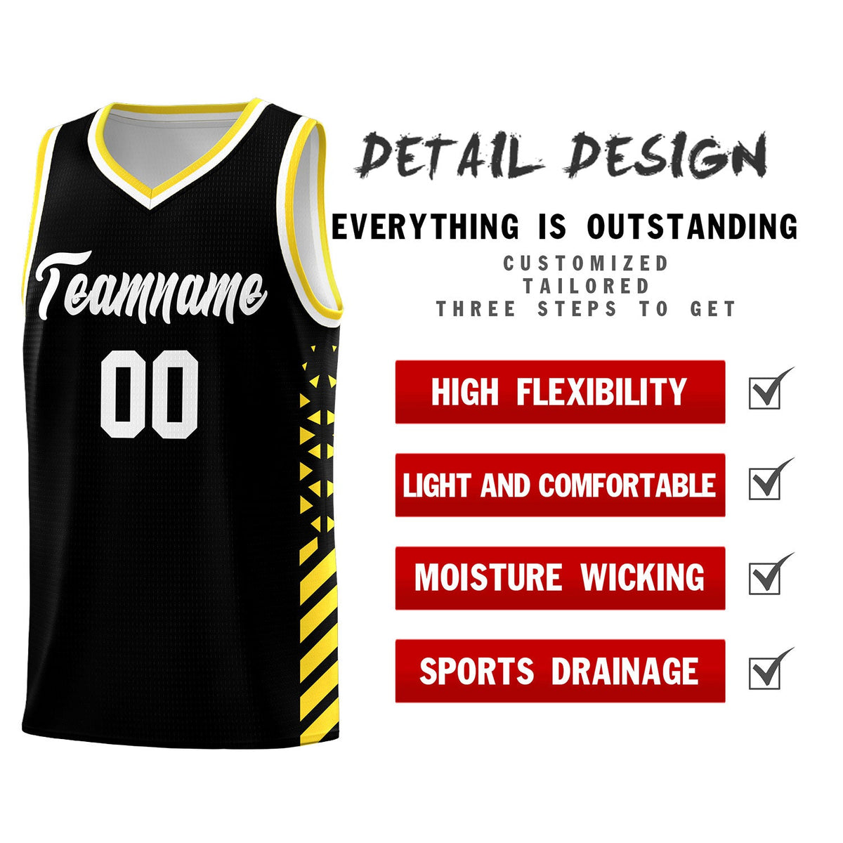 Custom Black Gold White Side Diamond Shapes Stripes Basketball Jersey | For Men,Sublimation Printed,Perfect for Teams,Perfect for Coaches | KXKSHOP