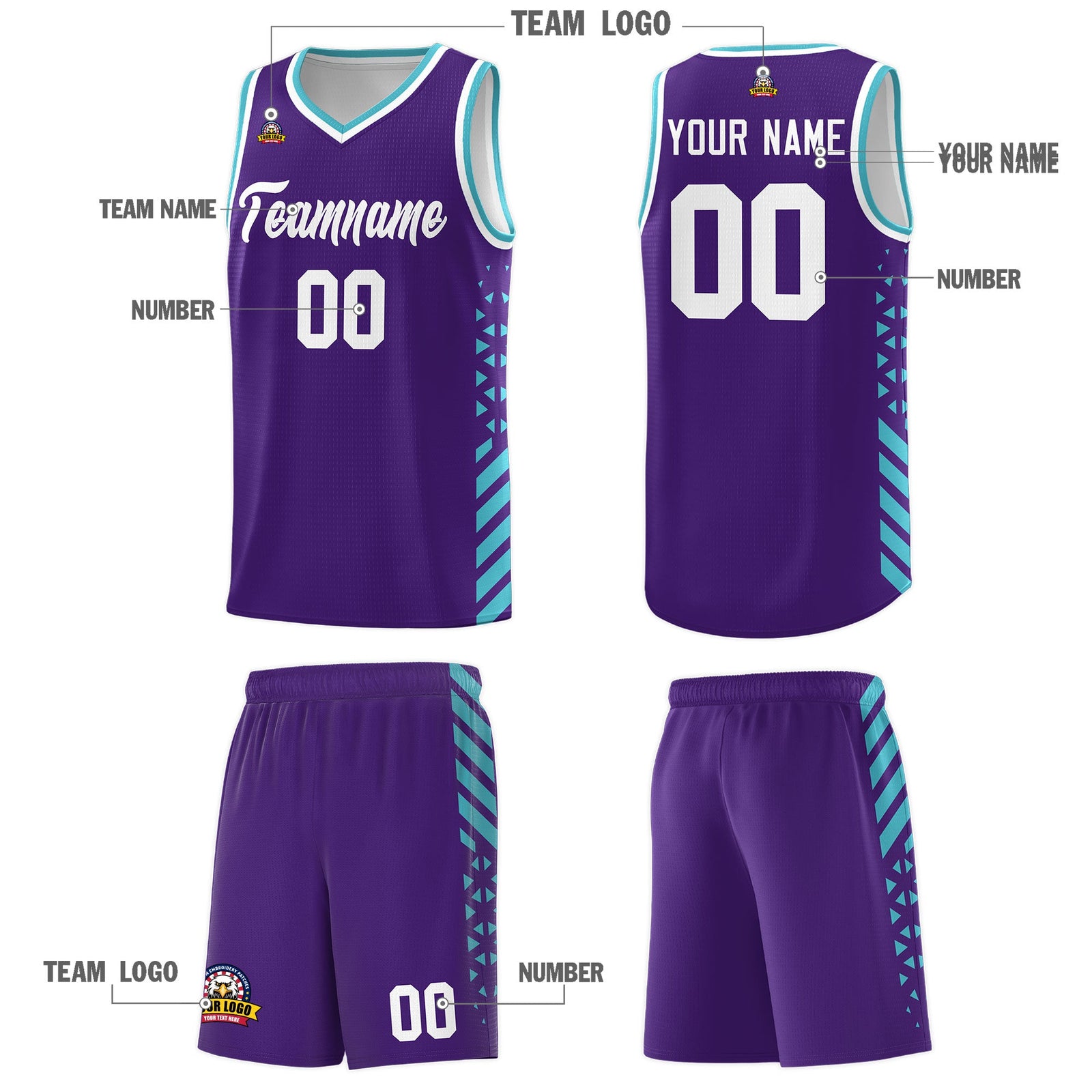 Custom Purple Sky Blue White Side Diamond Shapes Stripes Basketball Jersey | For Men,Sublimation Printed,Perfect for Teams,Perfect for Coaches | KXKSHOP