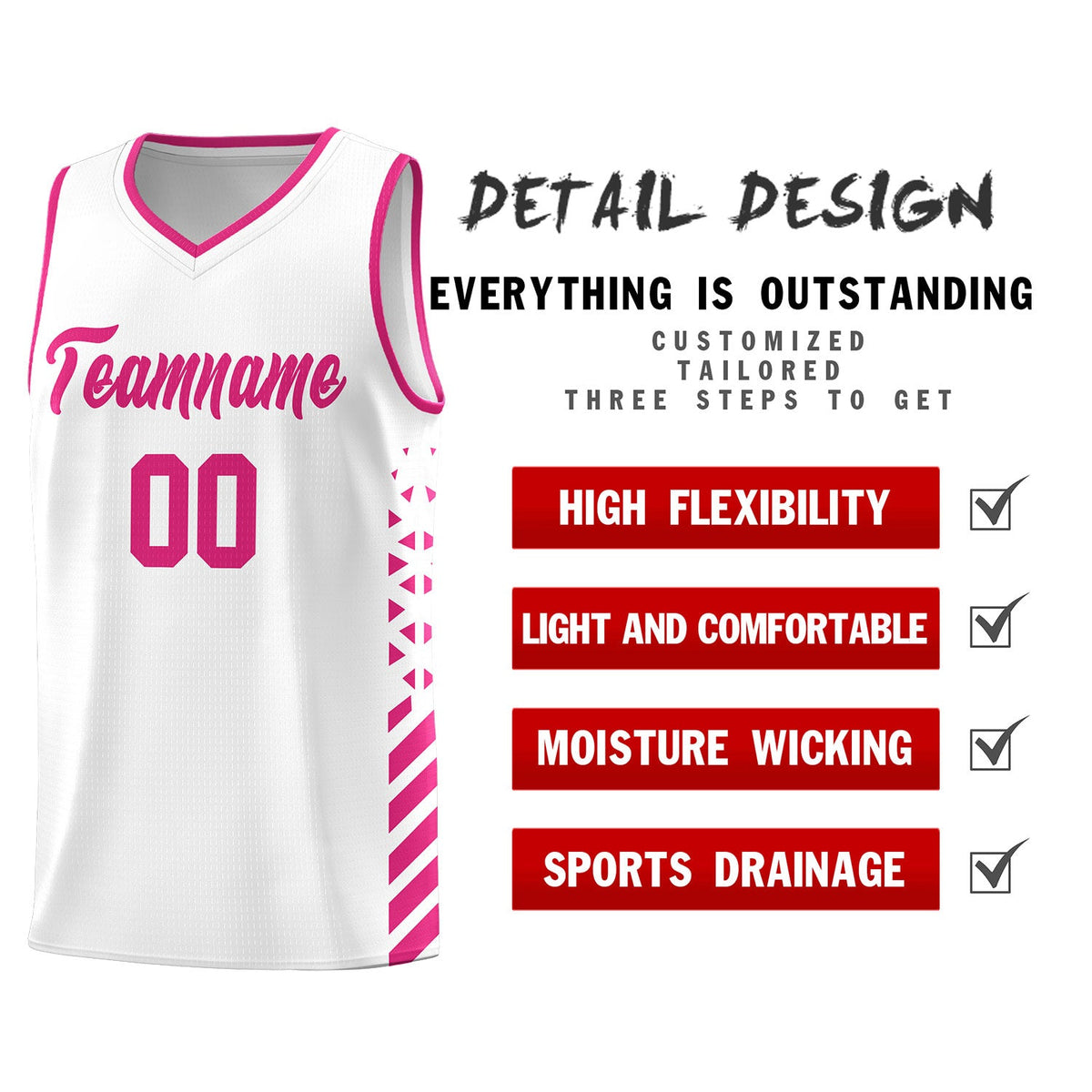 Custom White Rose Red Side Diamond Shapes Stripes Basketball Jersey | For Men,Sublimation Printed,Perfect for Teams,Perfect for Coaches | KXKSHOP