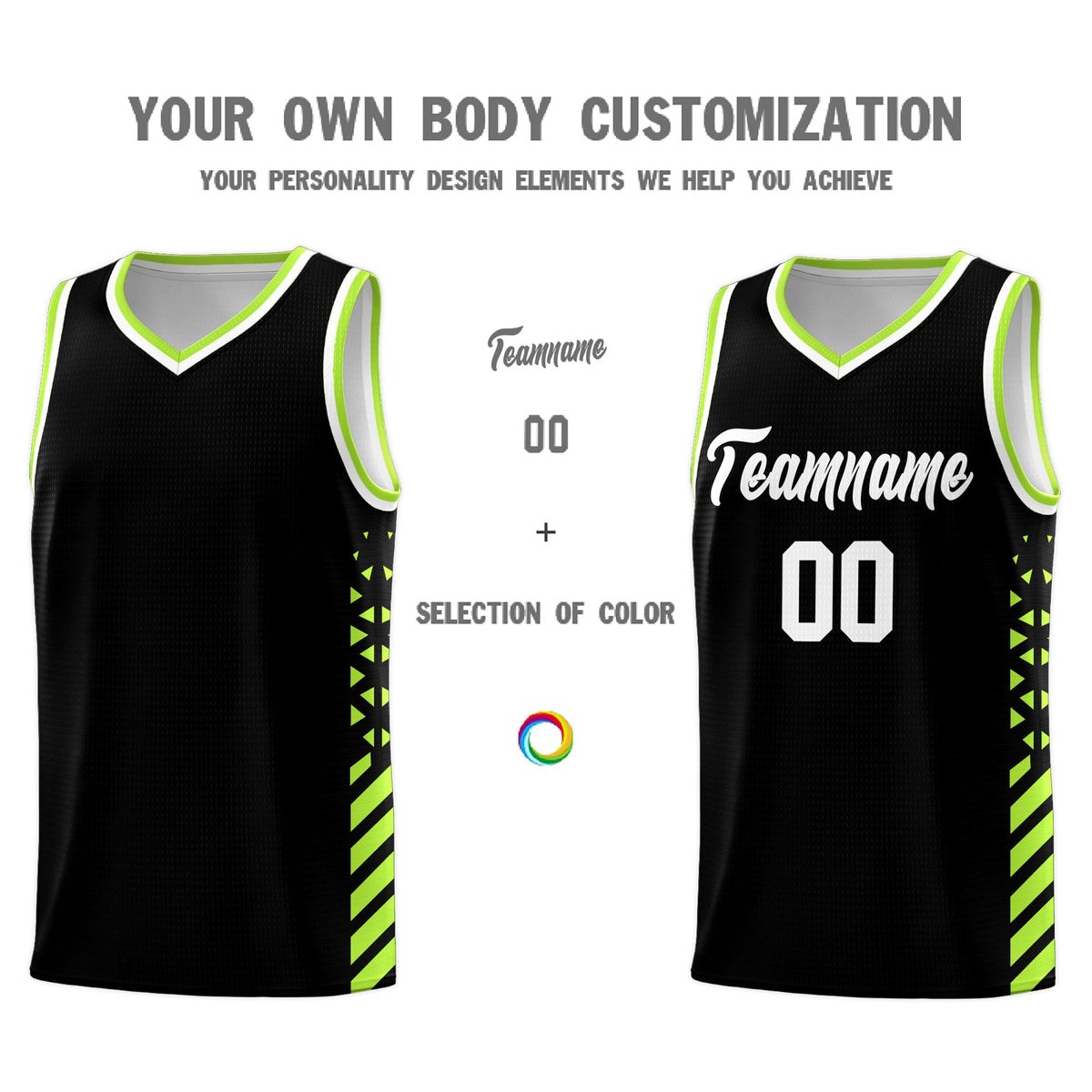 Custom Black Neon Green White Side Diamond Shapes Stripes Basketball Jersey | For Men,Sublimation Printed,Perfect for Teams,Perfect for Coaches | KXKSHOP