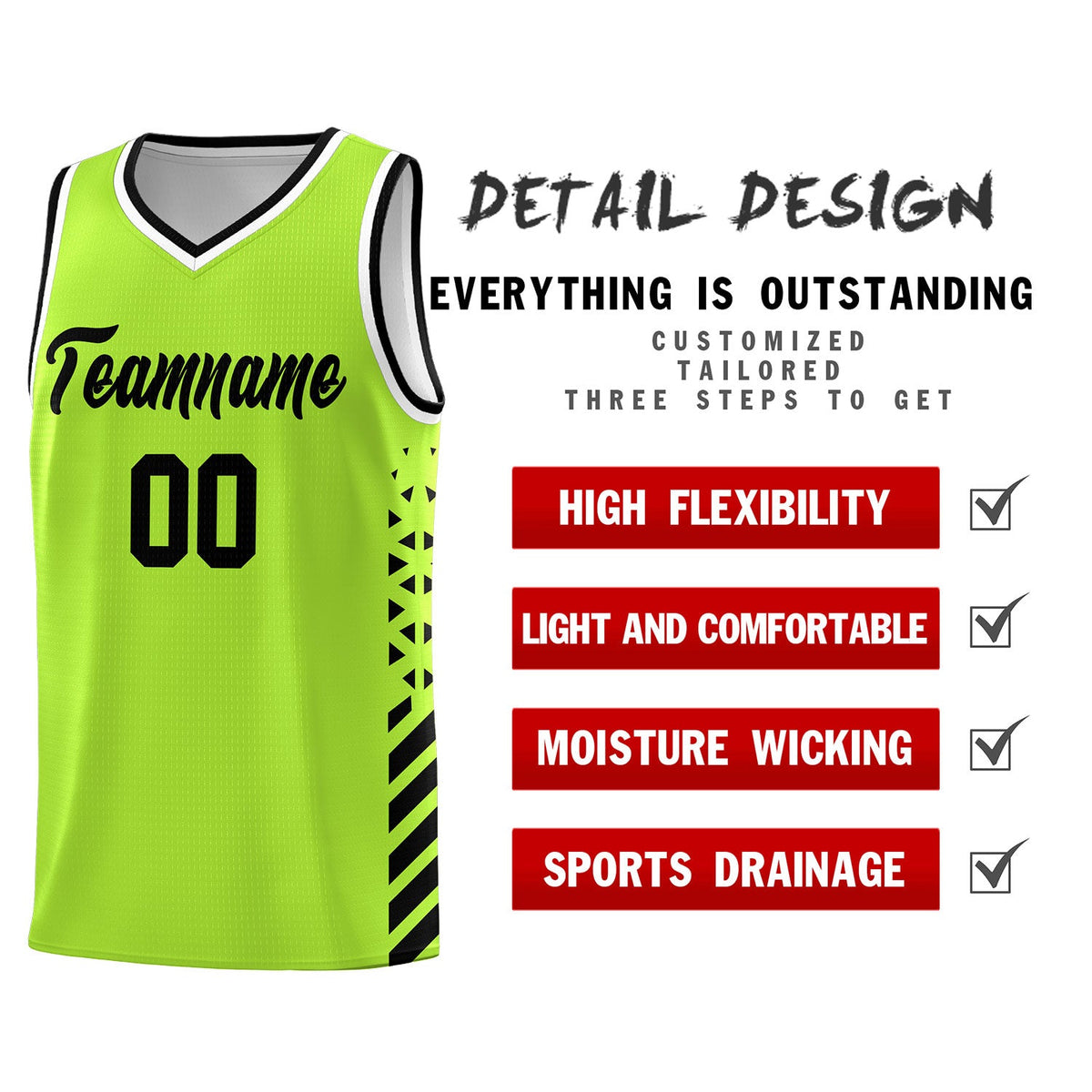Custom Neon Green Black White Side Diamond Shapes Stripes Basketball Jersey | For Men,Sublimation Printed,Perfect for Teams,Perfect for Coaches | KXKSHOP