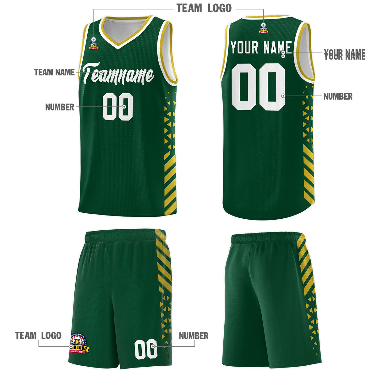 Custom Hunter Green Old Gold White Side Diamond Shapes Stripes Basketball Jersey | For Men,Sublimation Printed,Perfect for Teams,Perfect for Coaches | KXKSHOP