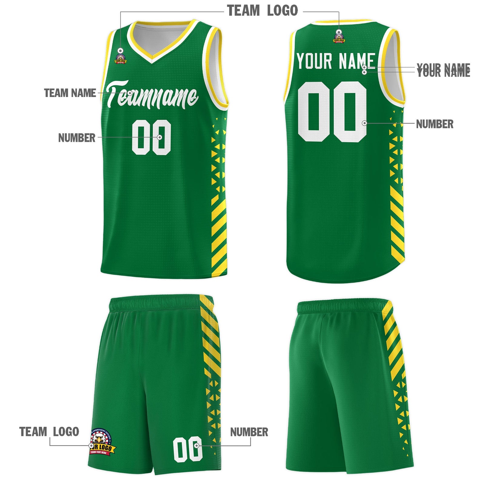 Custom Kelly Green Gold White Side Diamond Shapes Stripes Basketball Jersey | For Men,Sublimation Printed,Perfect for Teams,Perfect for Coaches | KXKSHOP