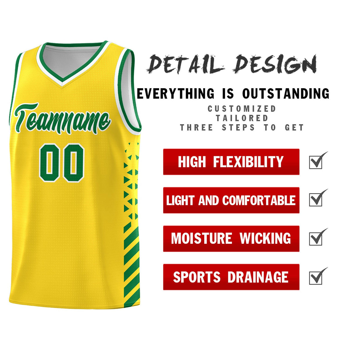 Custom Gold Kelly Green White Side Diamond Shapes Stripes Basketball Jersey | For Men,Sublimation Printed,Perfect for Teams,Perfect for Coaches | KXKSHOP