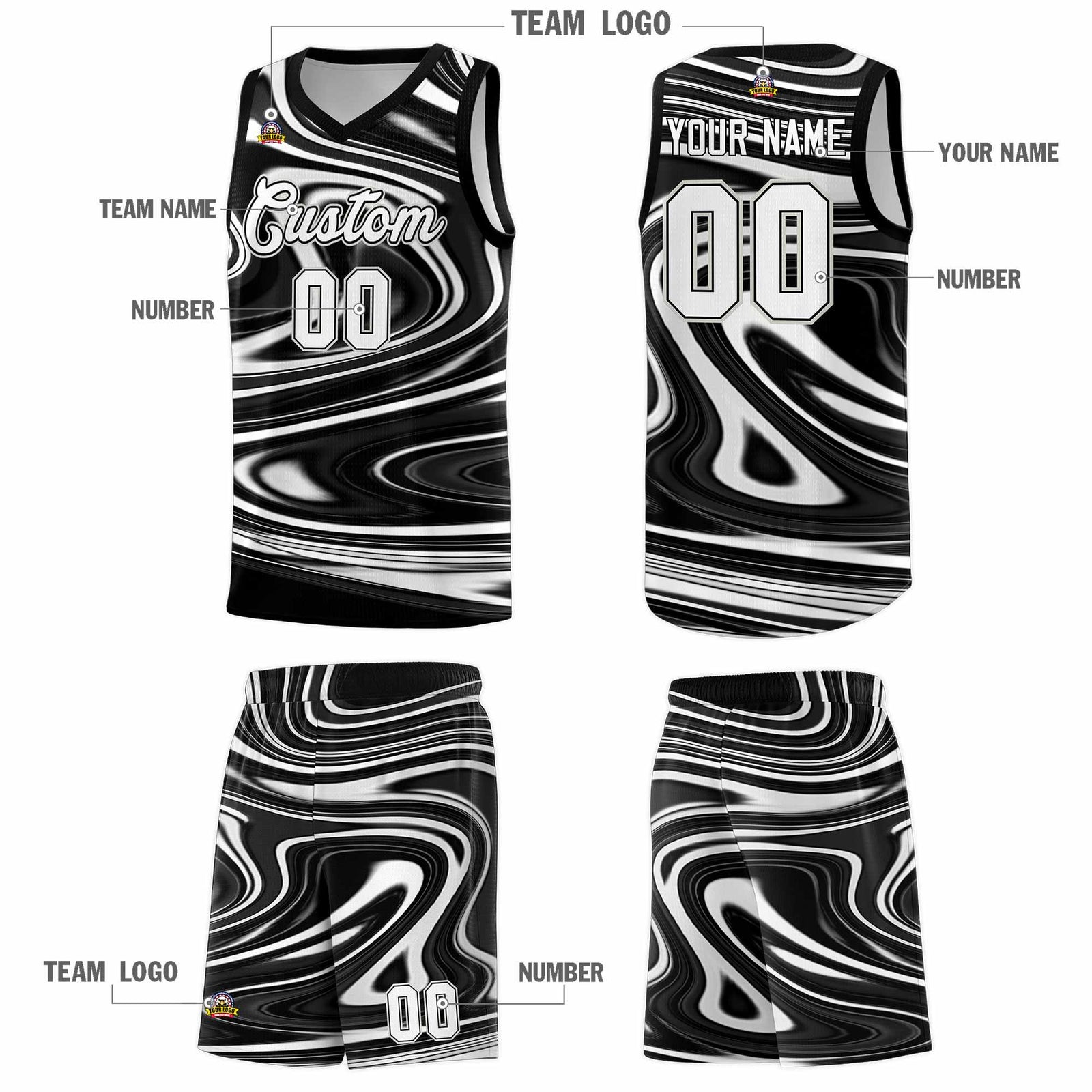 Custom Black White Graffiti Pattern Fluids Style Sports Uniform Basketball Jersey Sets