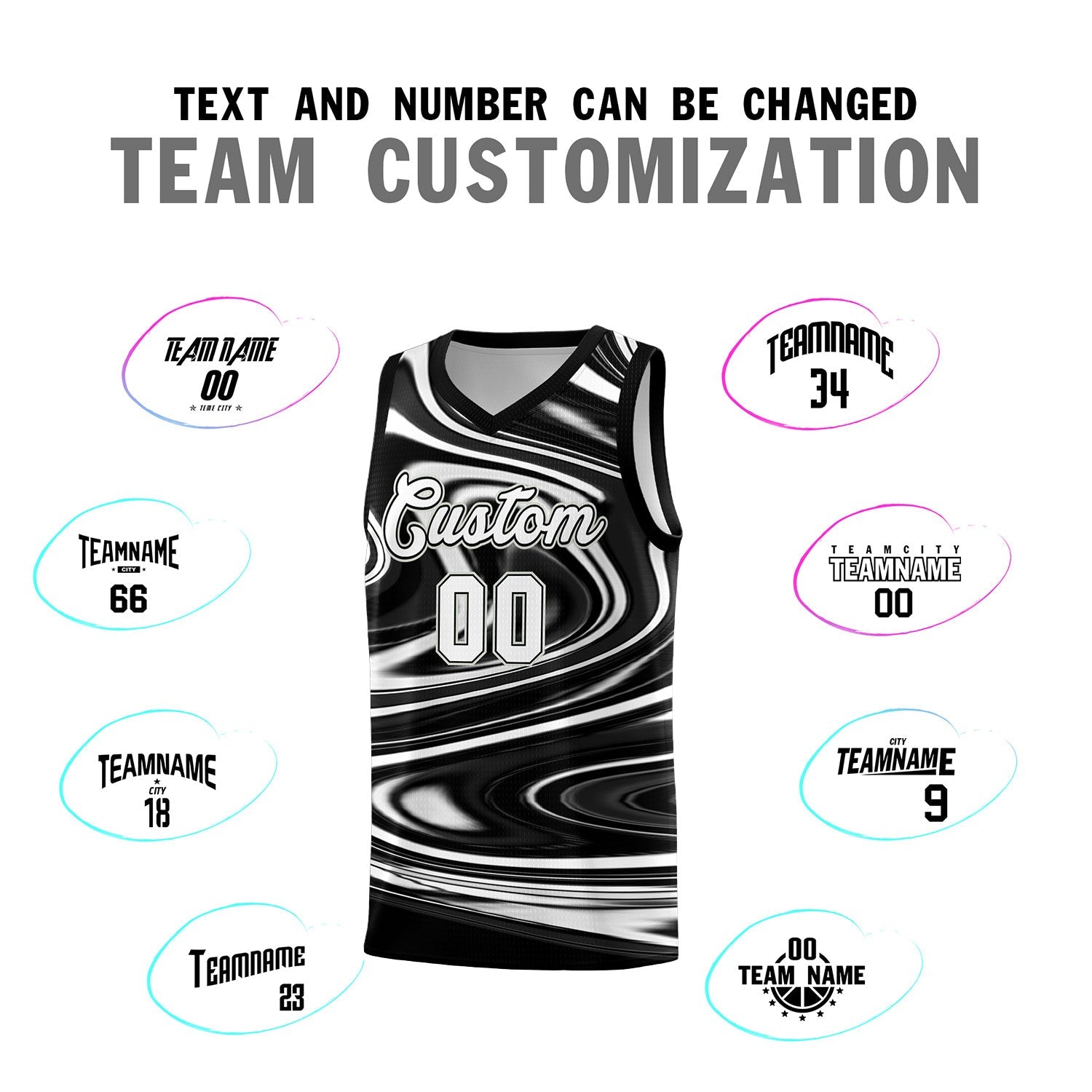 Custom Black White Graffiti Pattern Fluids Style Sports Uniform Basketball Jersey Sets