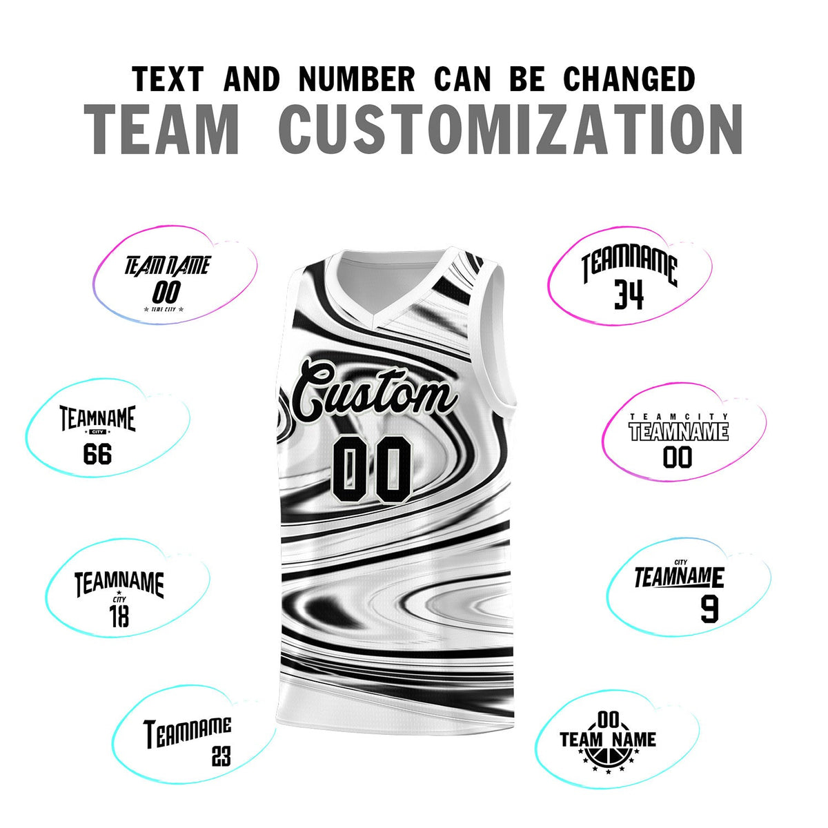 Custom White Black Graffiti Pattern Fluids Style Sports Uniform Basketball Jersey Sets