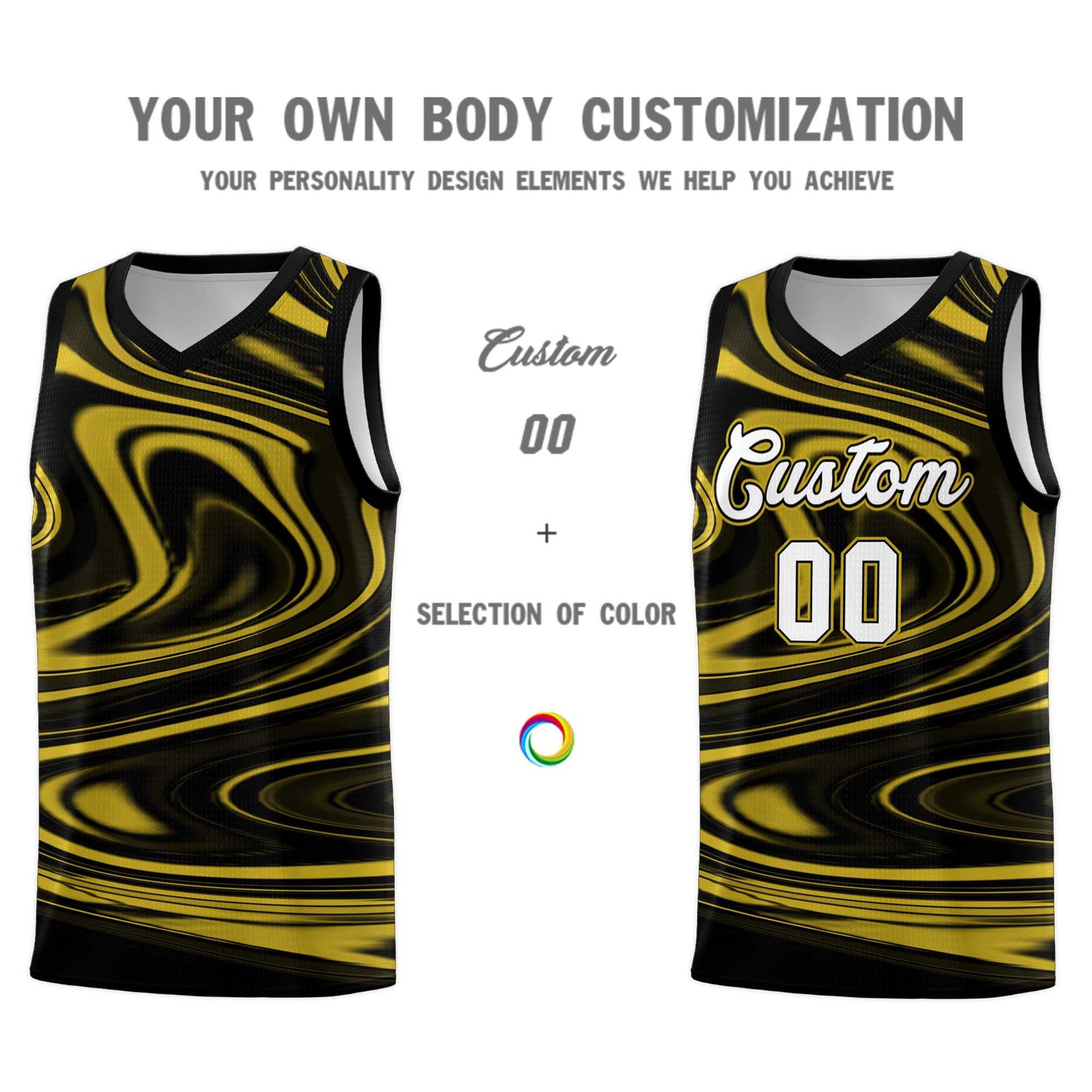 Custom Black Old Gold Graffiti Pattern Fluids Style Sports Uniform Basketball Jersey Sets