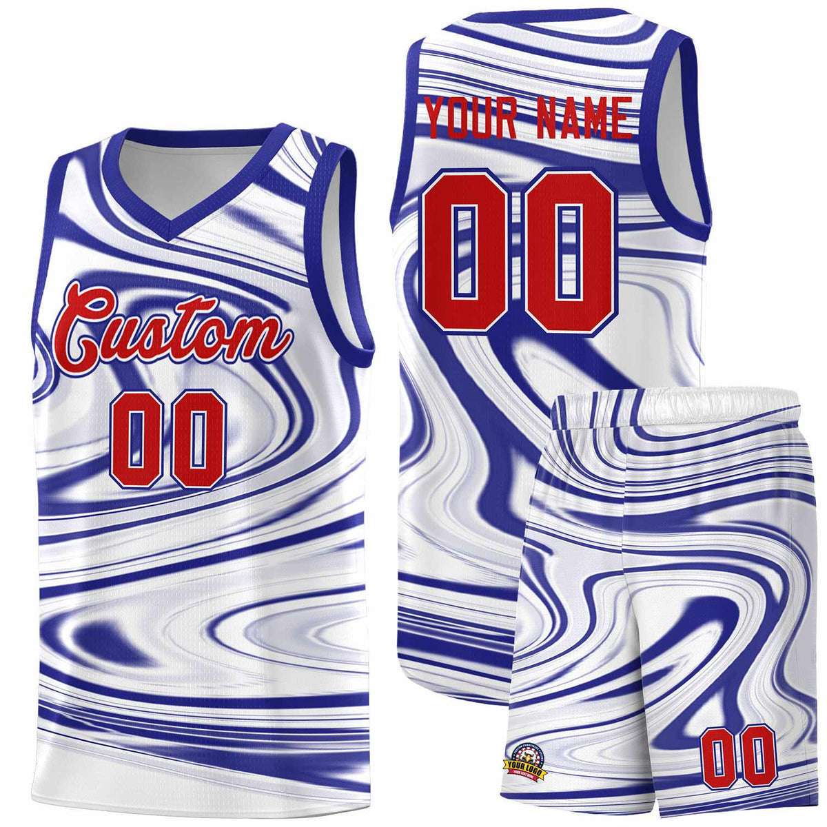 Custom White Royal Graffiti Pattern Fluids Style Sports Uniform Basketball Jersey Sets