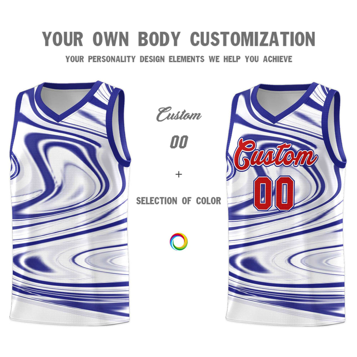 Custom White Royal Graffiti Pattern Fluids Style Sports Uniform Basketball Jersey Sets